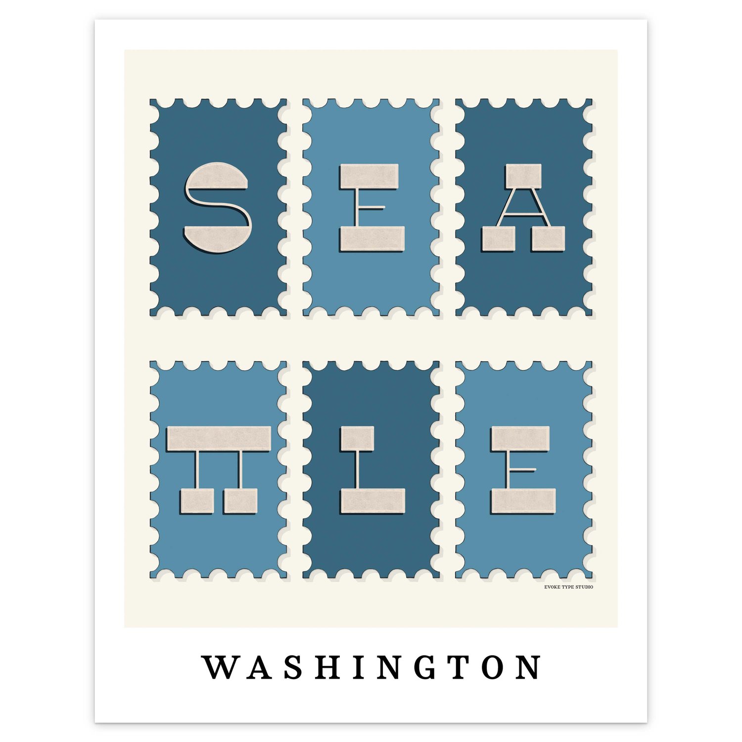 Hand-drawn Seattle postage stamp style wall art featuring bold reverse-contrast typography in blues and soft neutrals.