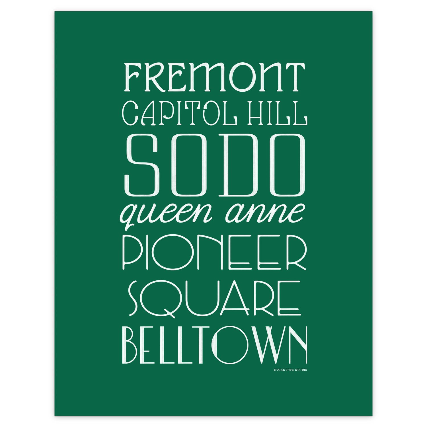Typography-focused Seattle city print with layered, hand-drawn letters representing multiple neighborhoods