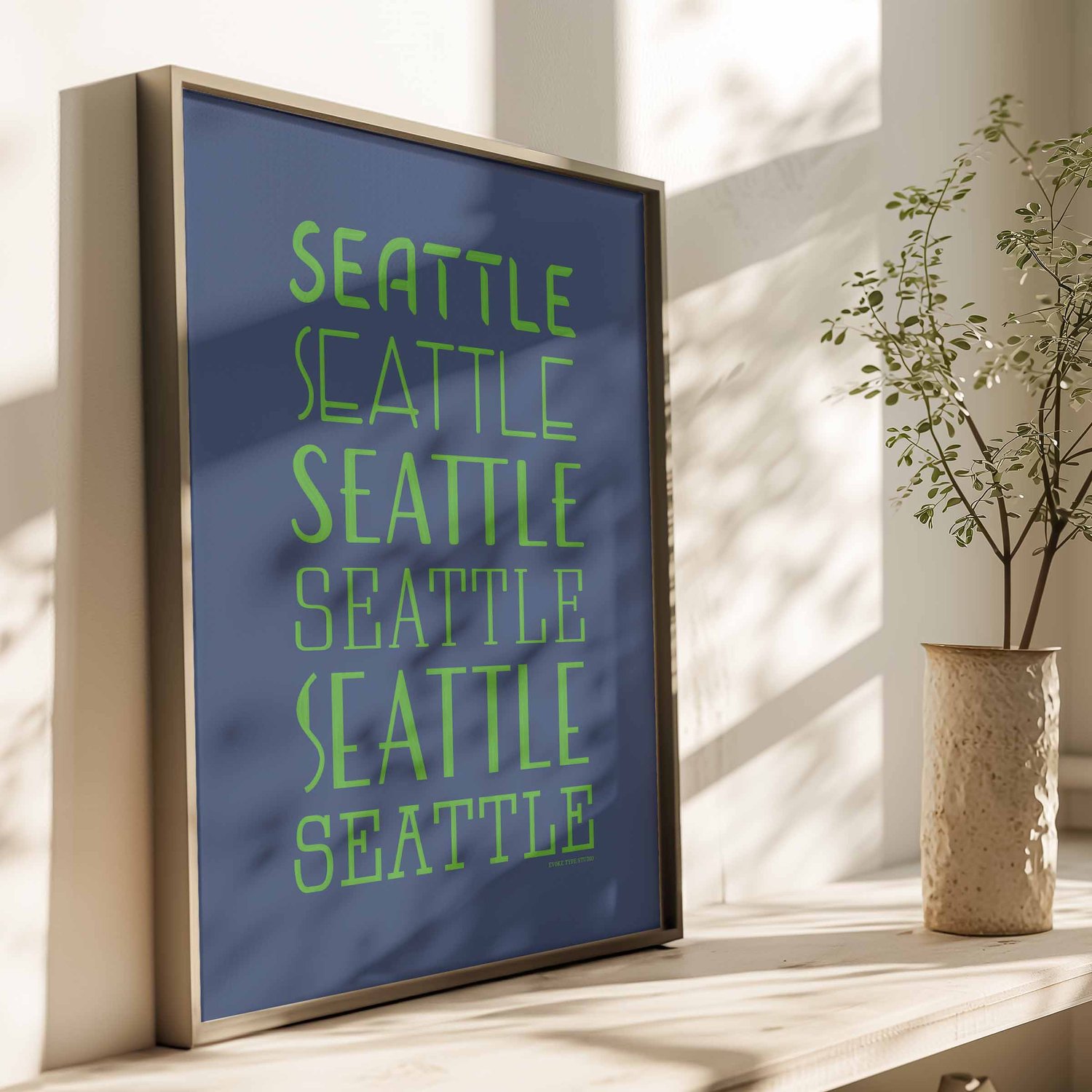 Colorful, hand-lettered Seattle type stack art print in bright blue and green for typography lovers