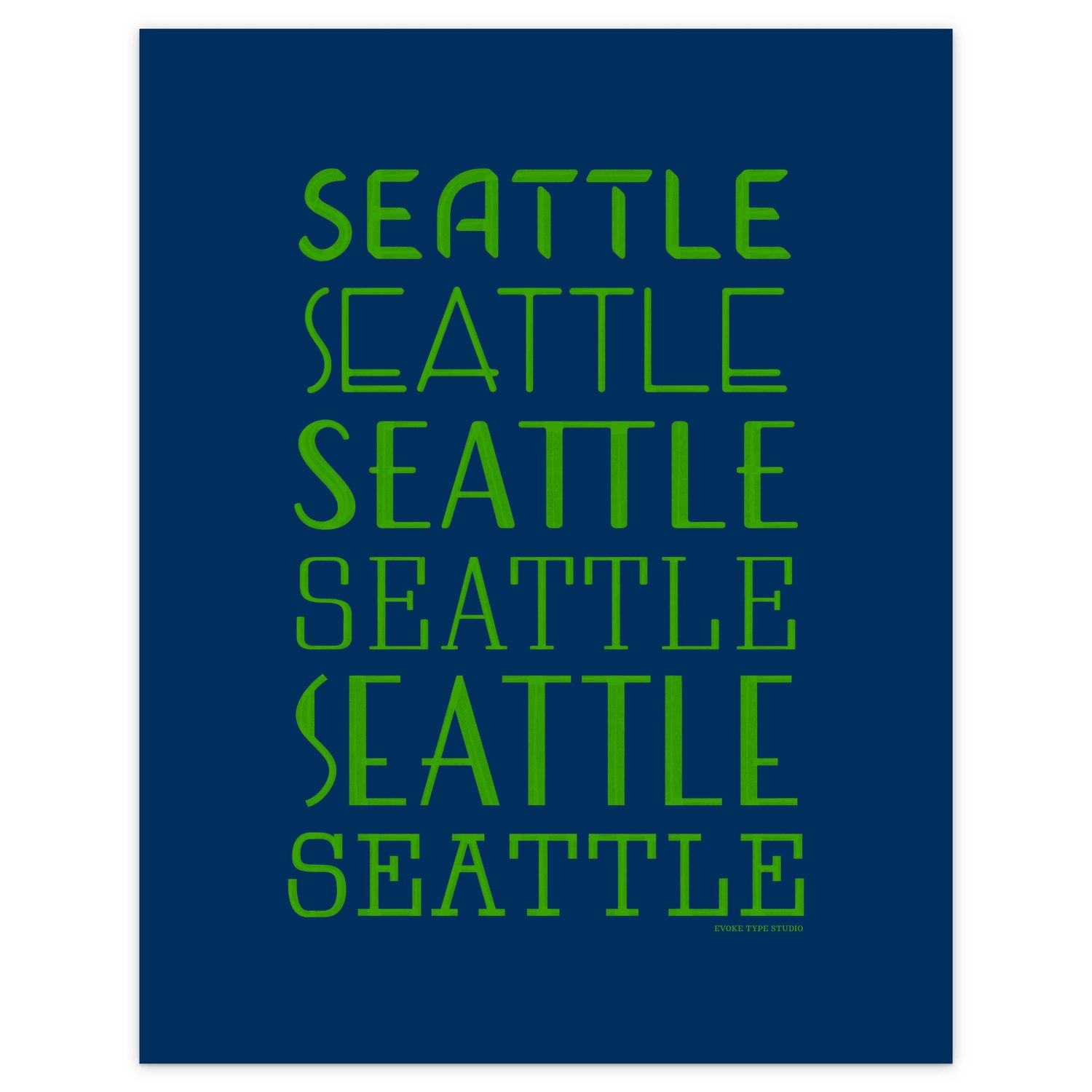 Typography-focused Seattle city print with layered, hand-drawn letters in vibrant blue and green