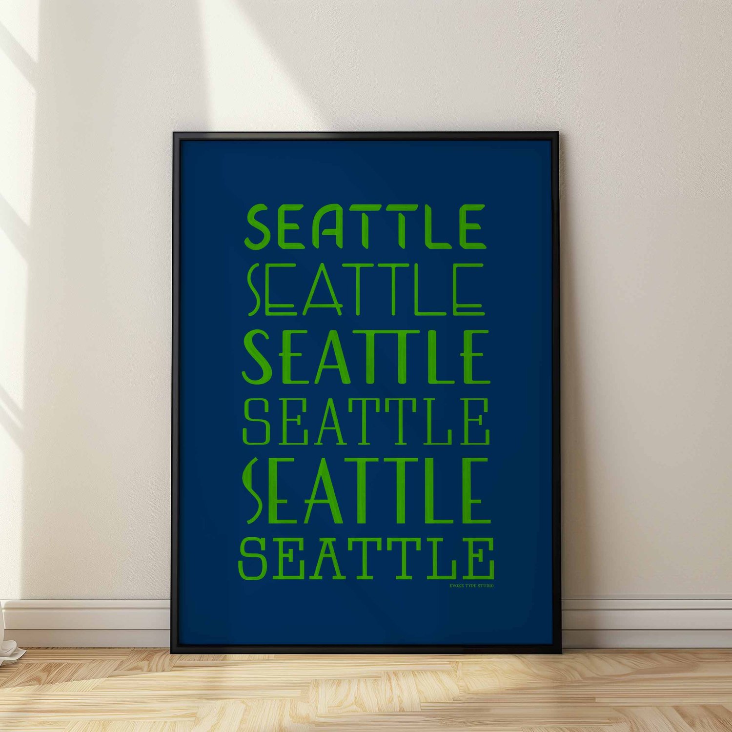 Typography-focused Seattle city print with layered, hand-drawn letters in vibrant blue and green