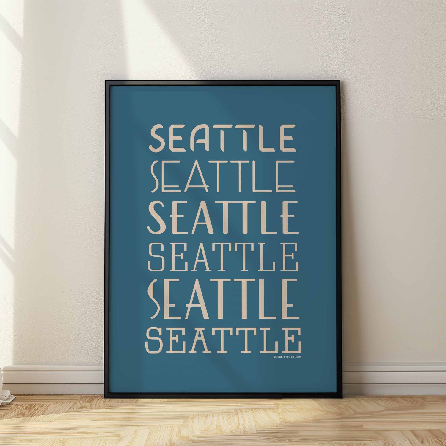 Type stack style Seattle art print with six expressive hand-lettered typography designs in blue and beige