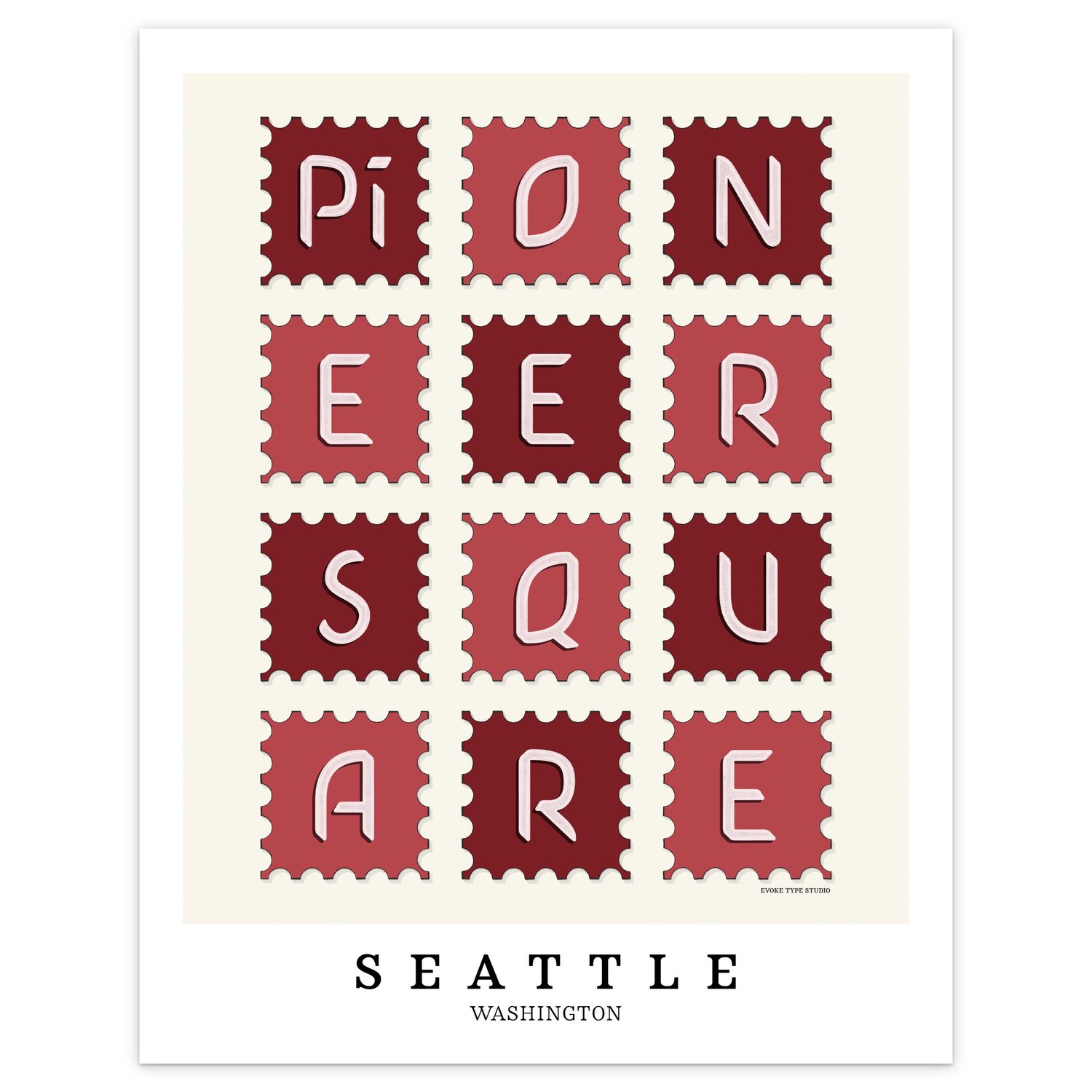 Hand-drawn Pioneer Square wall art in postage stamp style featuring unique lettering in red and white tones
