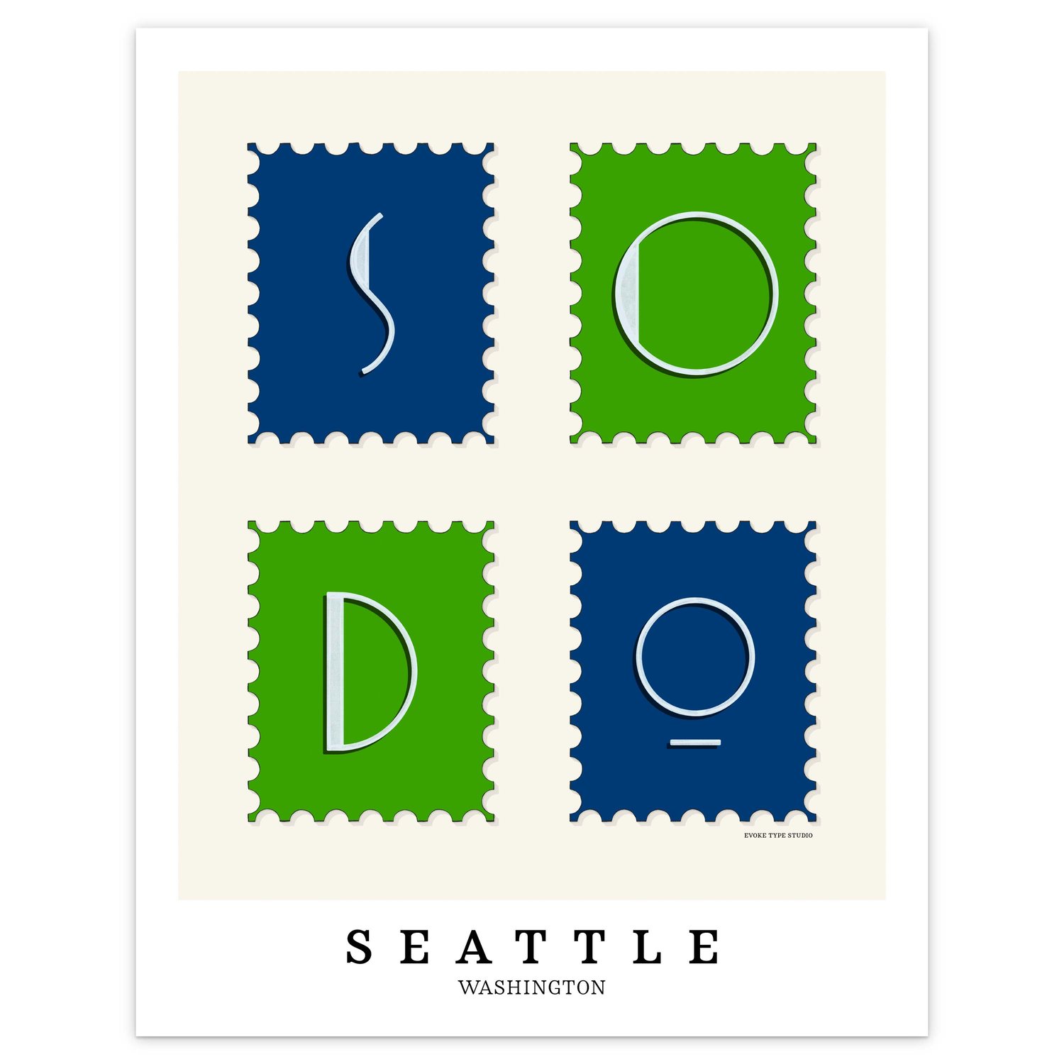 Seattle neighborhood wall art highlighting SoDo with unique, graphic art-deco lettering