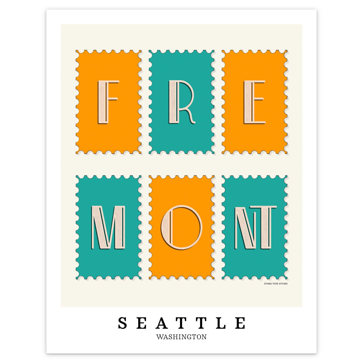 Seattle neighborhood wall art highlighting Fremont with bold, graphic art-deco lettering