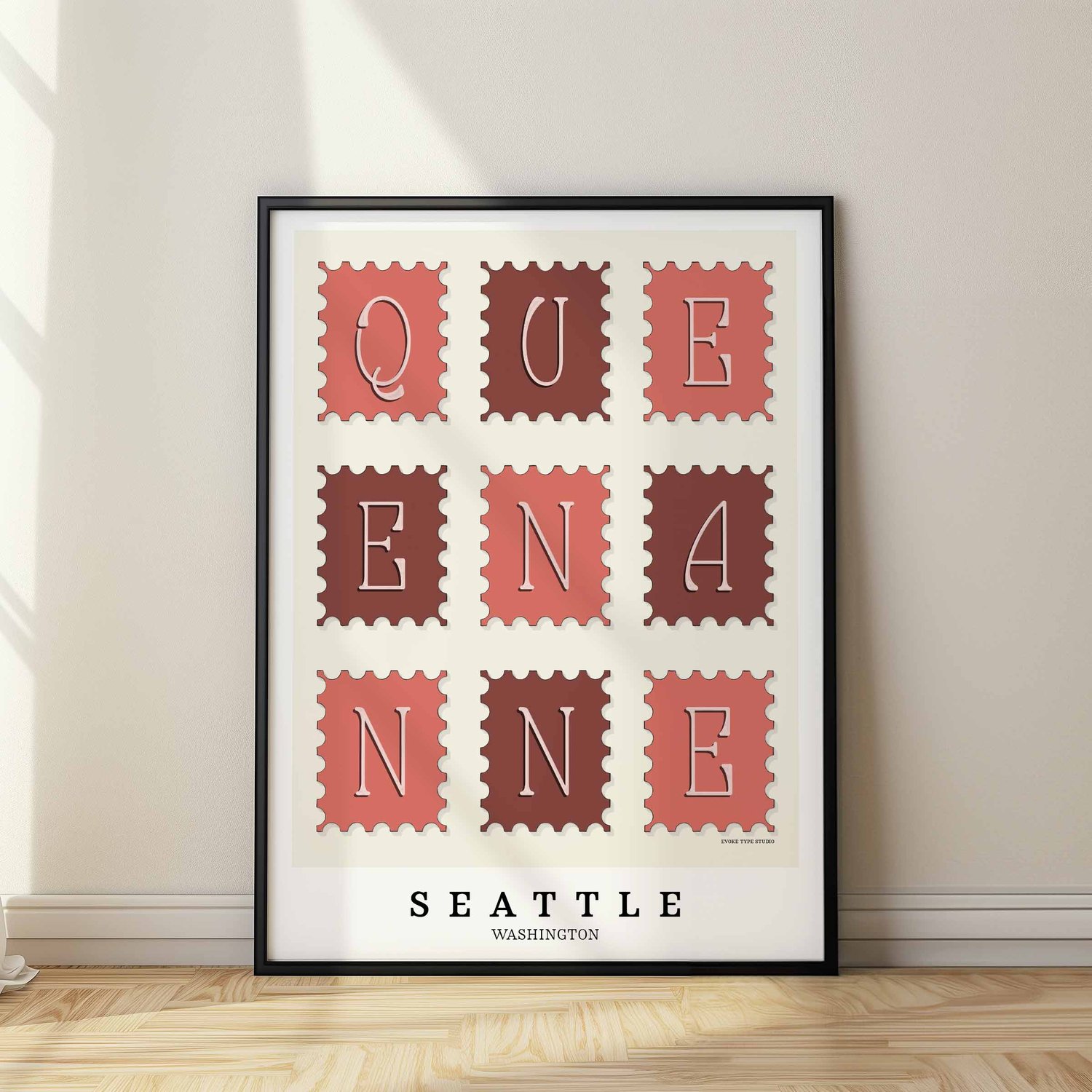 Hand-drawn Queen Anne wall art in postage stamp style featuring unique lettering in pink, burgundy, and white tones