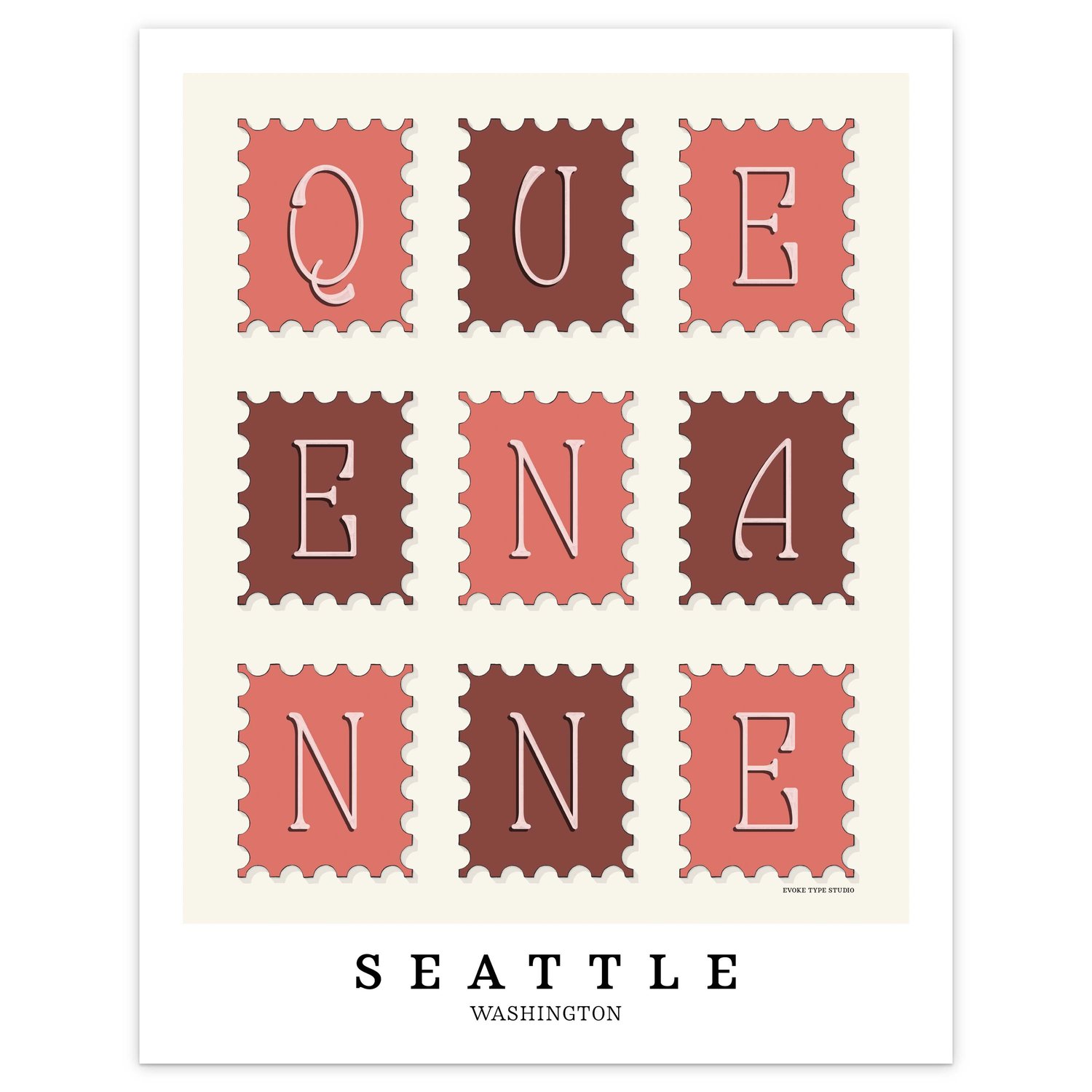 Hand-drawn Queen Anne wall art in postage stamp style featuring unique lettering in pink, burgundy, and white tones