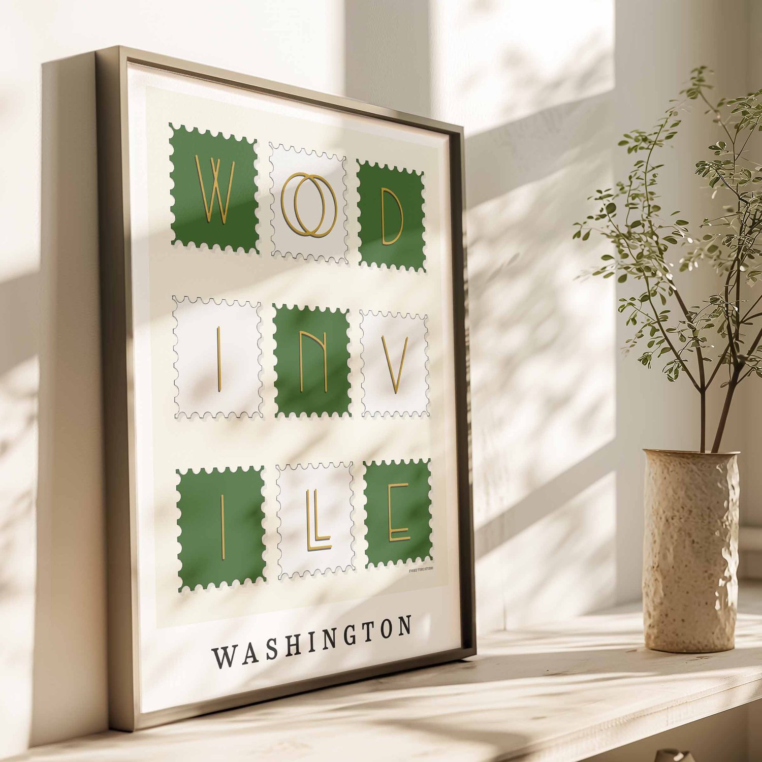 Colorful, hand-lettered Woodinville postage stamp art print featuring expressive, modern art-deco typography