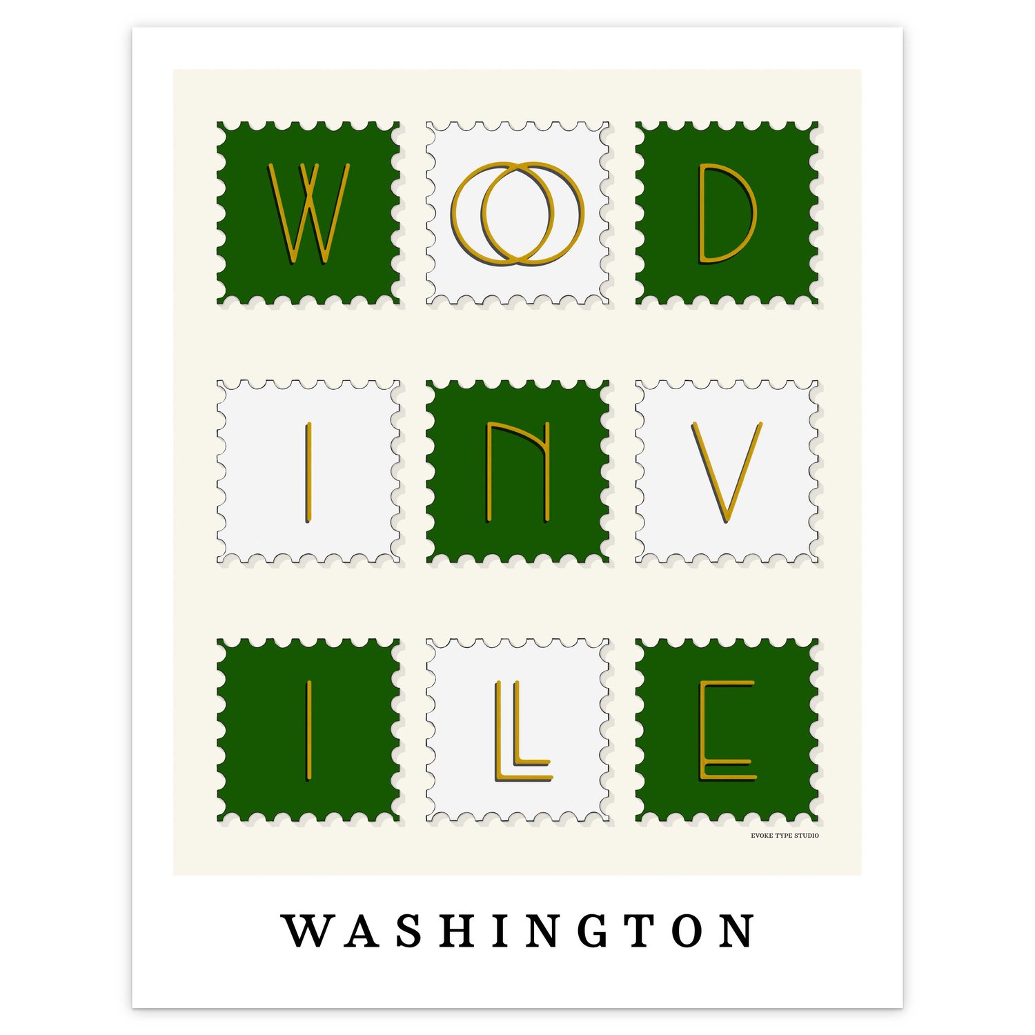 Hand-drawn Woodinville wall art in postage stamp style featuring unique art-deco lettering in green, white, and yellow tones