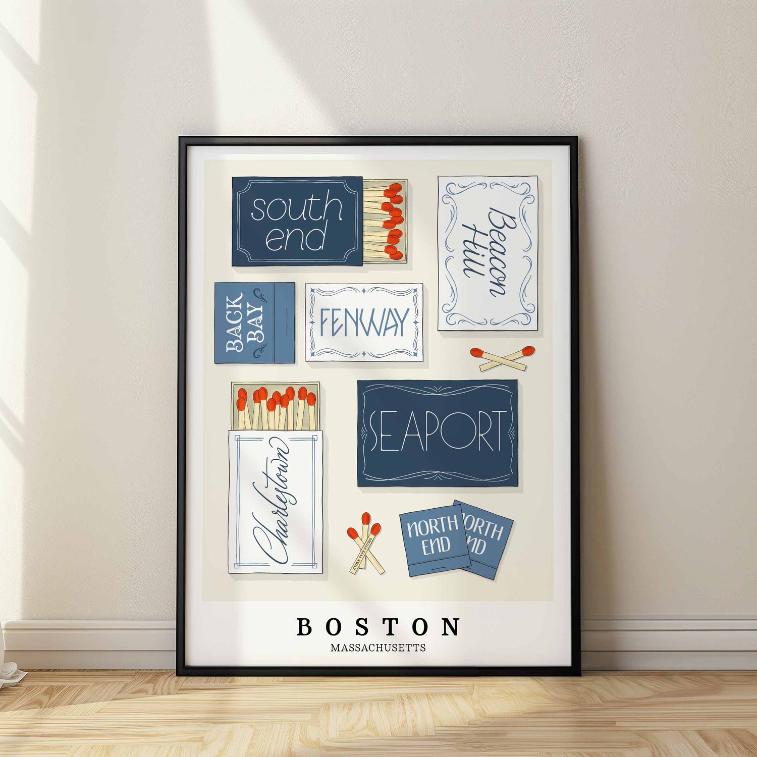 Hand-drawn Boston matchbox art print with neighborhoods drawn in representative lettering styles.