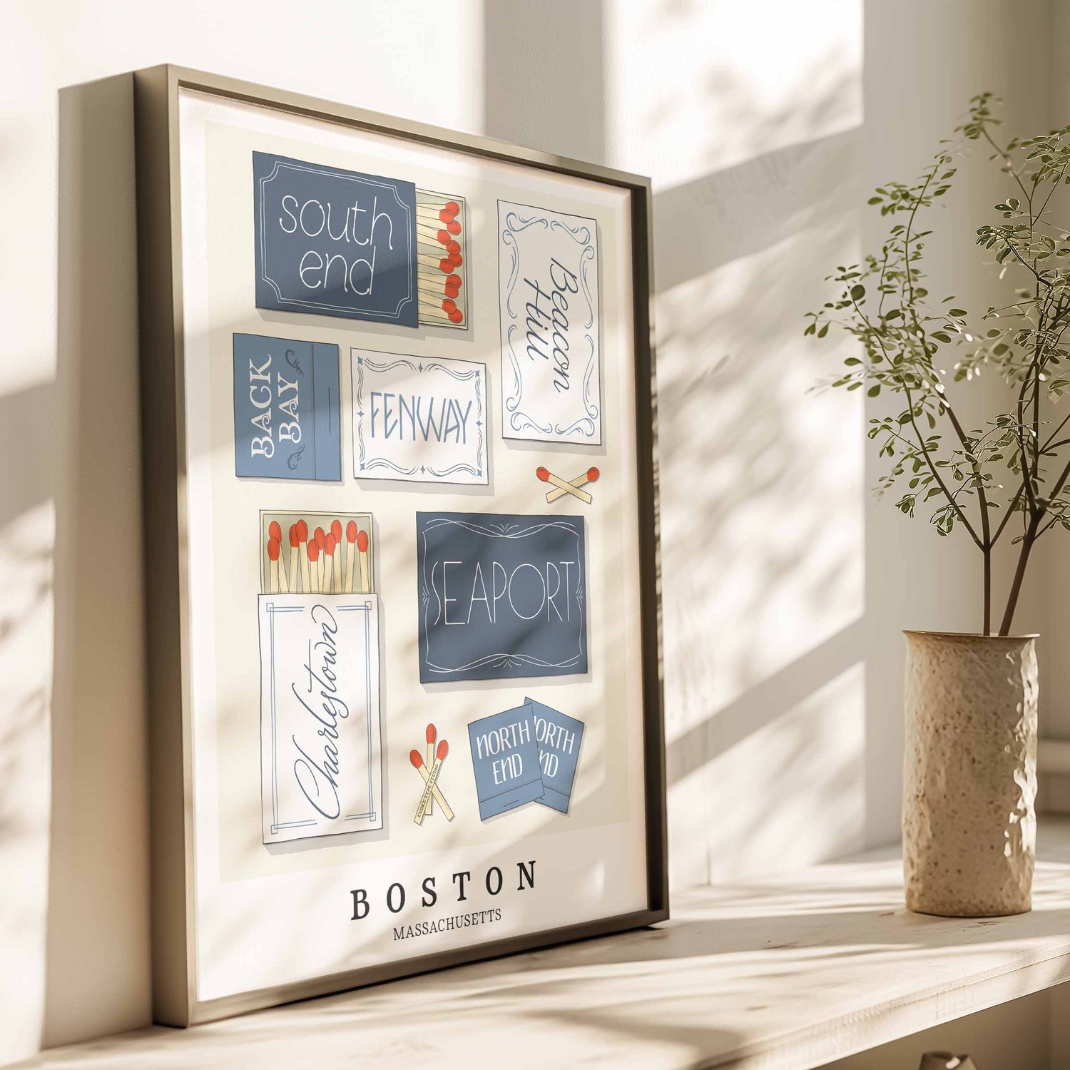 Hand-drawn Boston matchbox art print with neighborhoods drawn in representative lettering styles.
