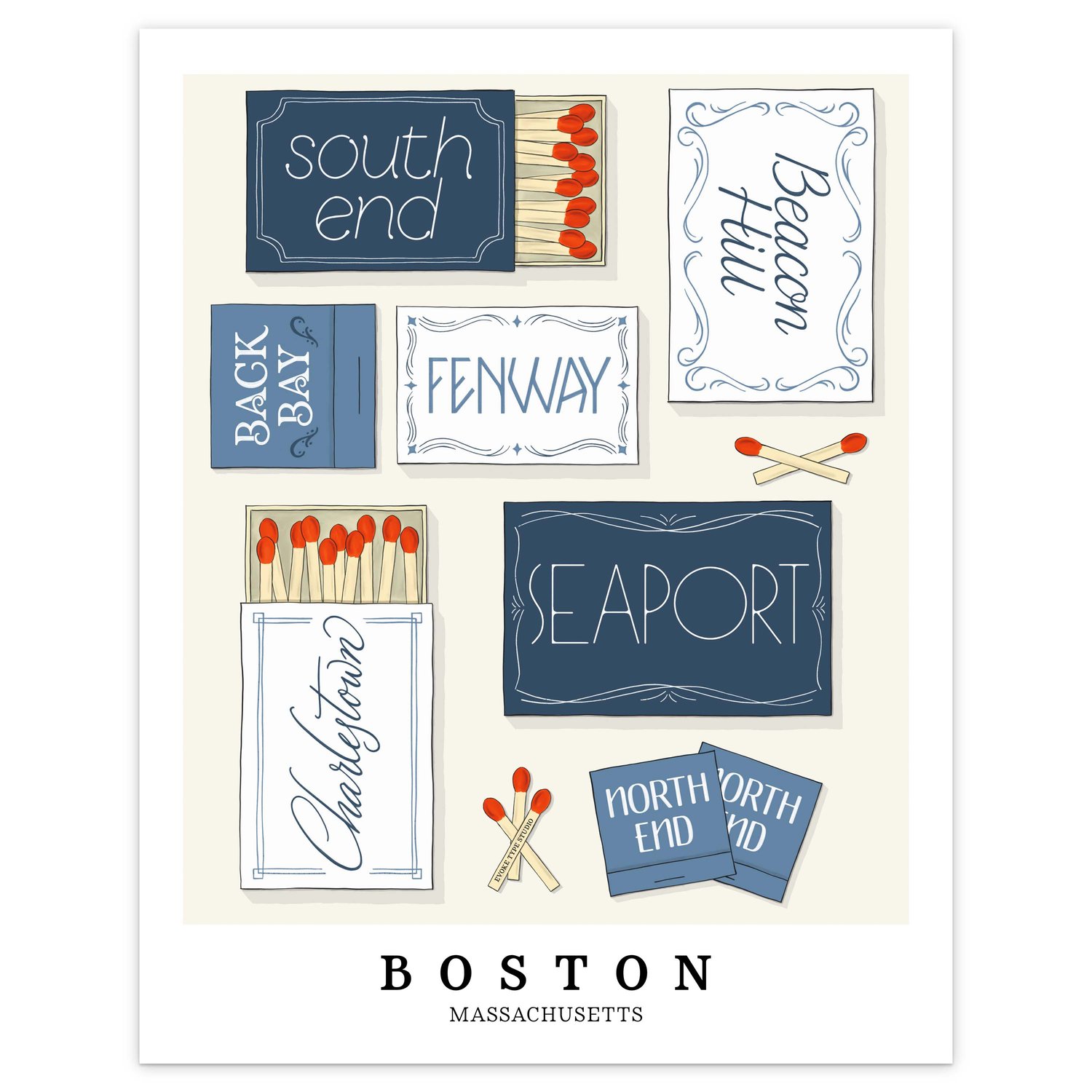 Hand-drawn Boston matchbox art print with neighborhoods drawn in representative lettering styles.