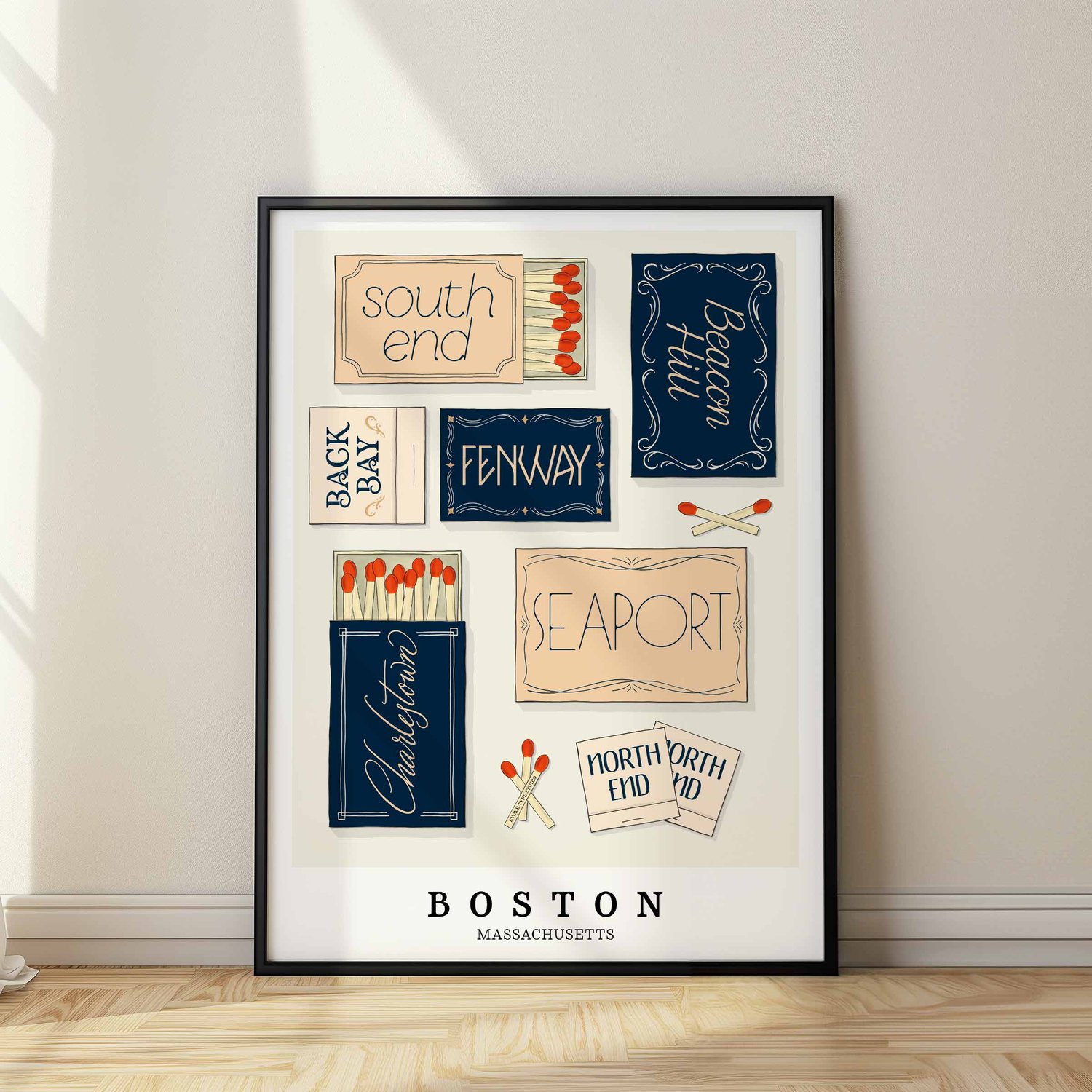 Hand-drawn Boston neighborhood matchbox art print in a Nautical blue and tan palette.