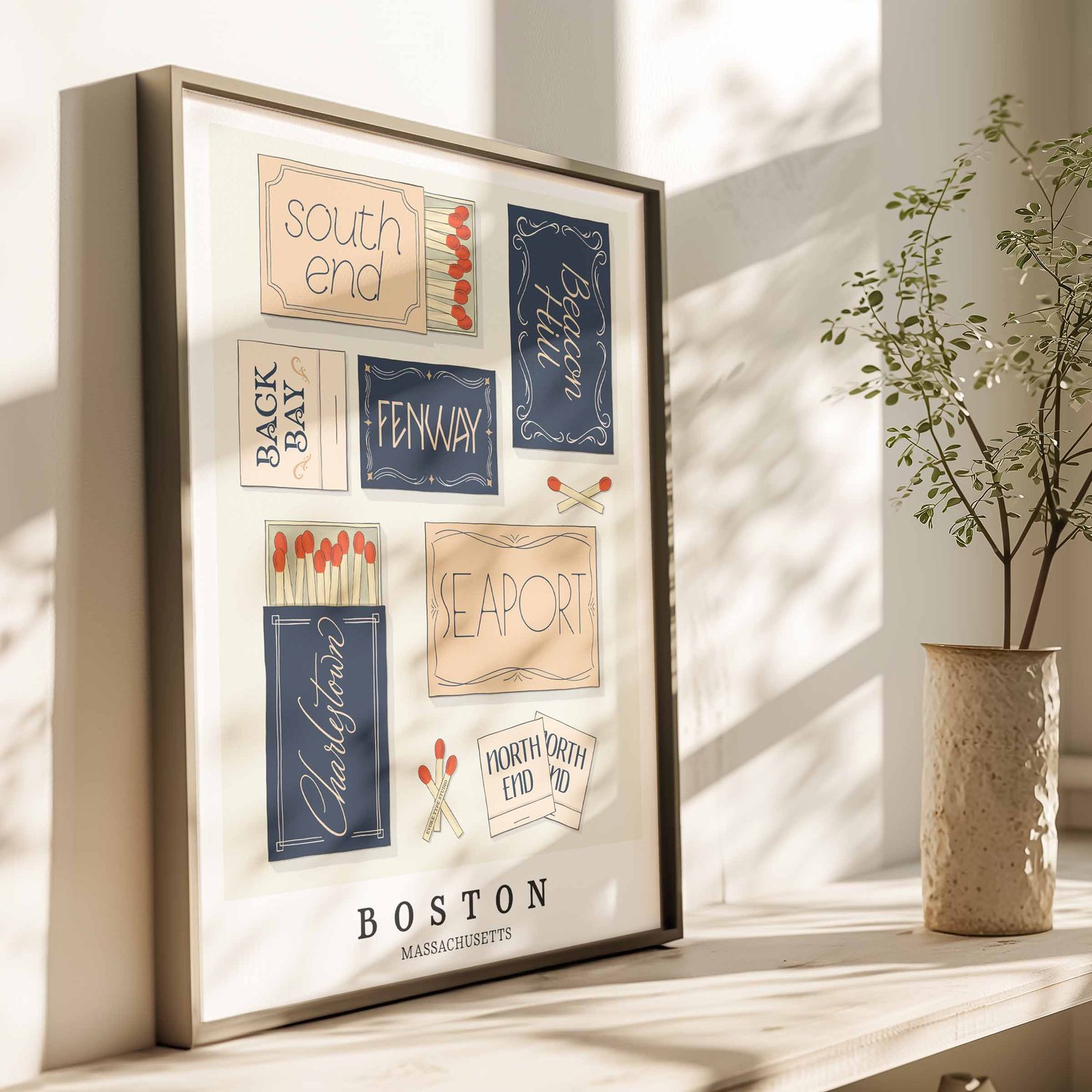 Nautical-inspired Boston art print with hand-lettered neighborhood matchboxes in navy blue and warm neutrals