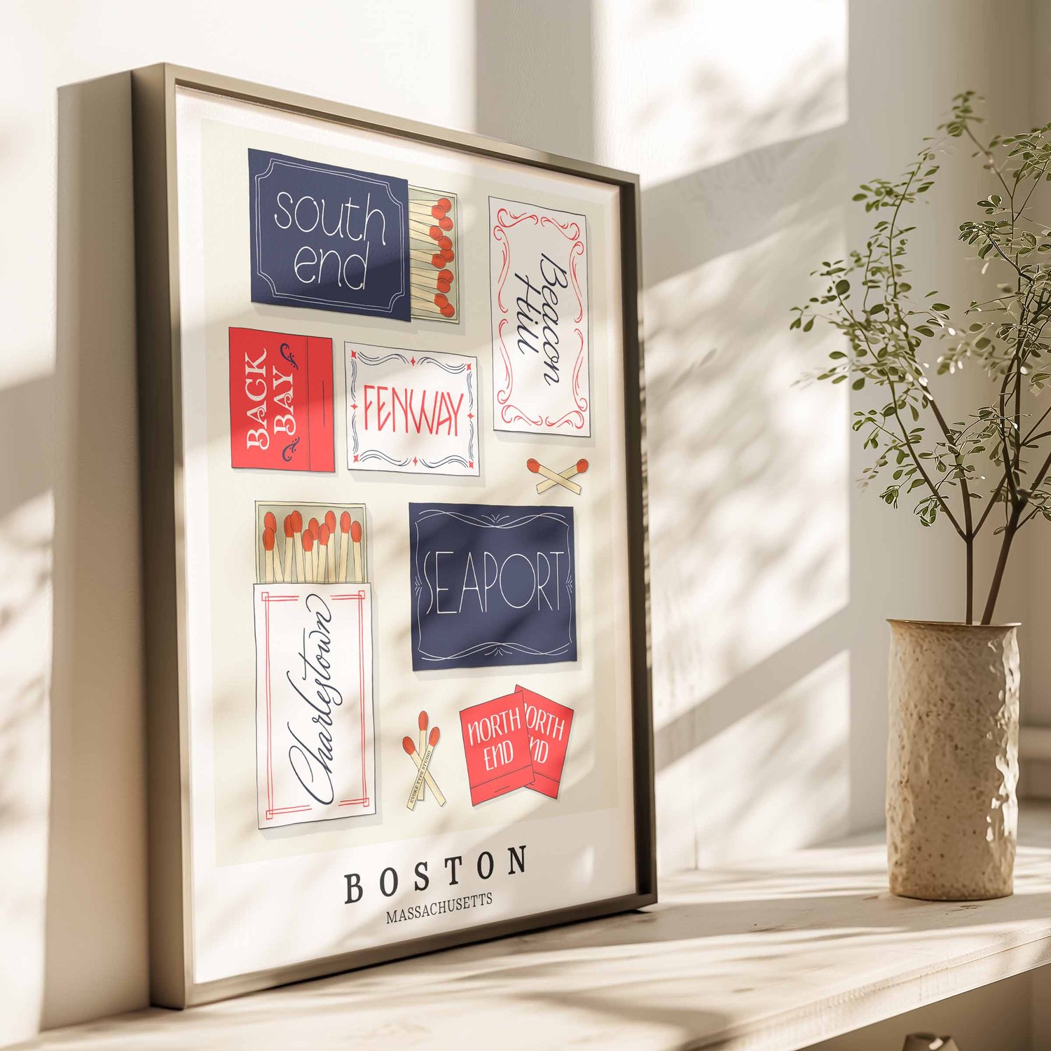 Hand-drawn Boston neighborhood matchbox art print in a red, white, and blue Patriotic palette.