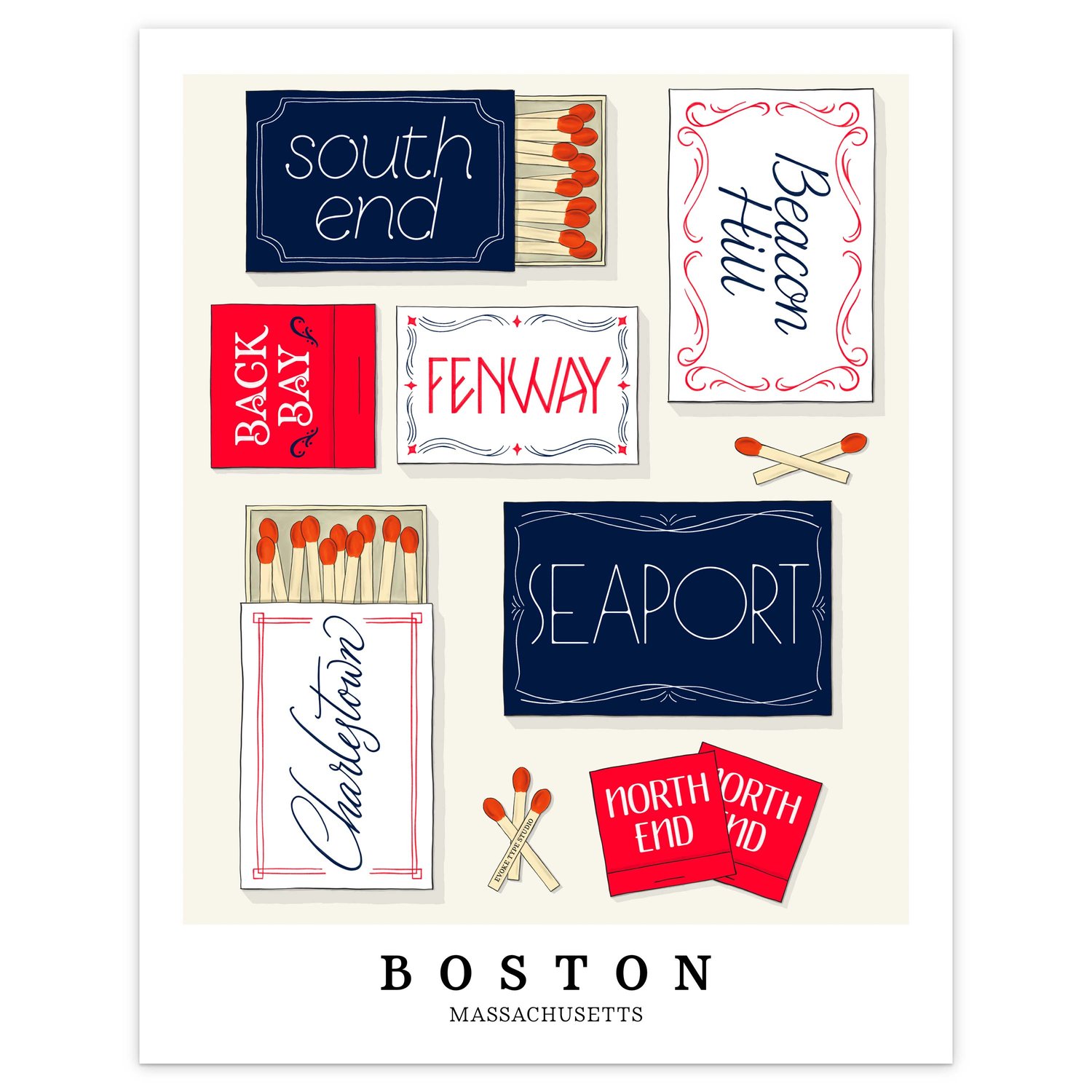 Hand-drawn Boston neighborhood matchbox art print in a red, white, and blue Patriotic palette.