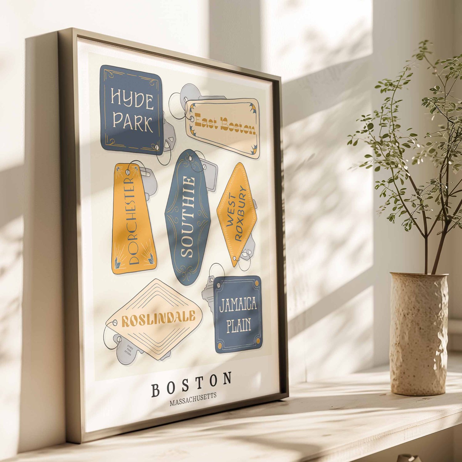 Hand-drawn Boston neighborhood key fob art print in the Golden Hour blue and gold color palette.