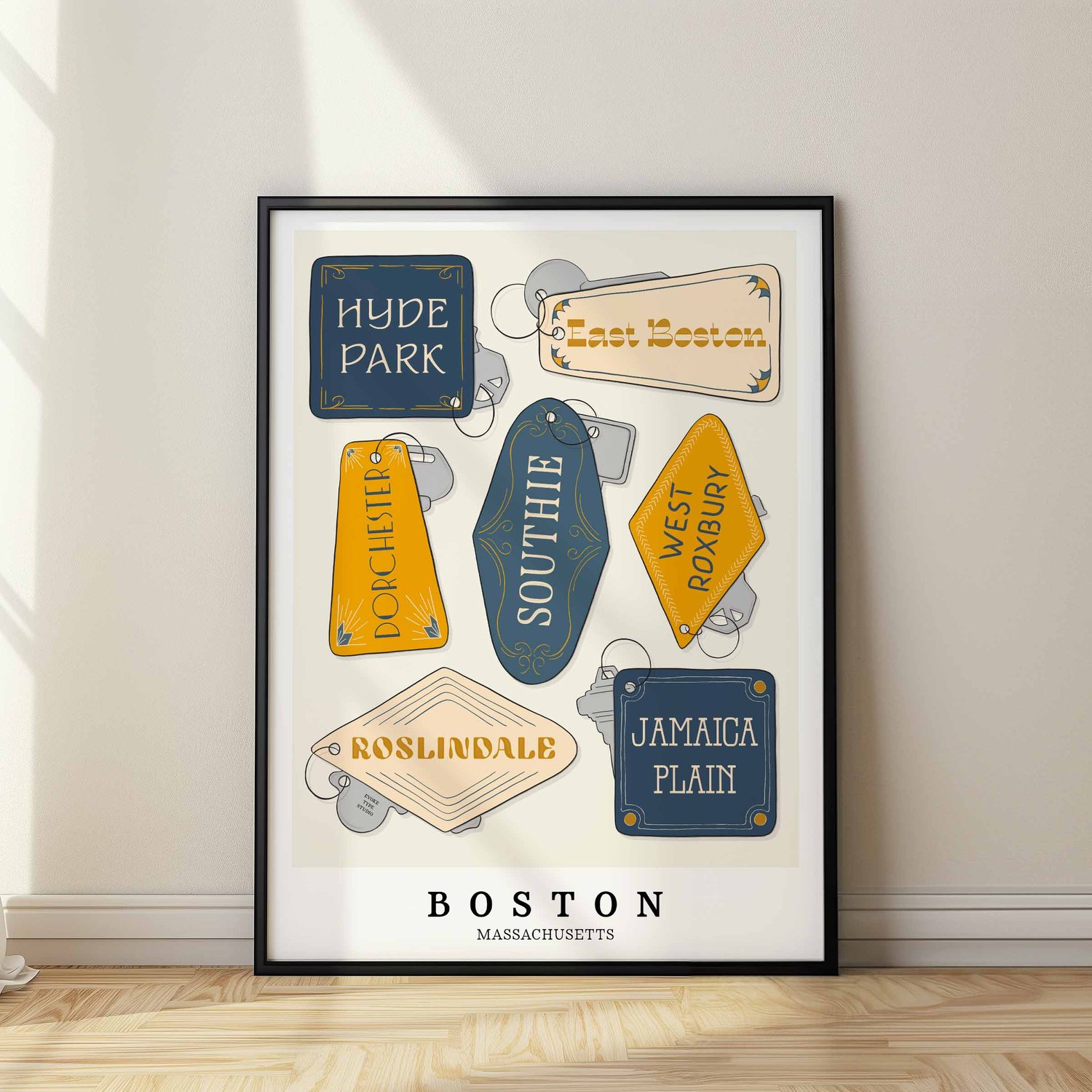 Golden Hour Boston wall art print with illustrated key fobs representing local neighborhoods.