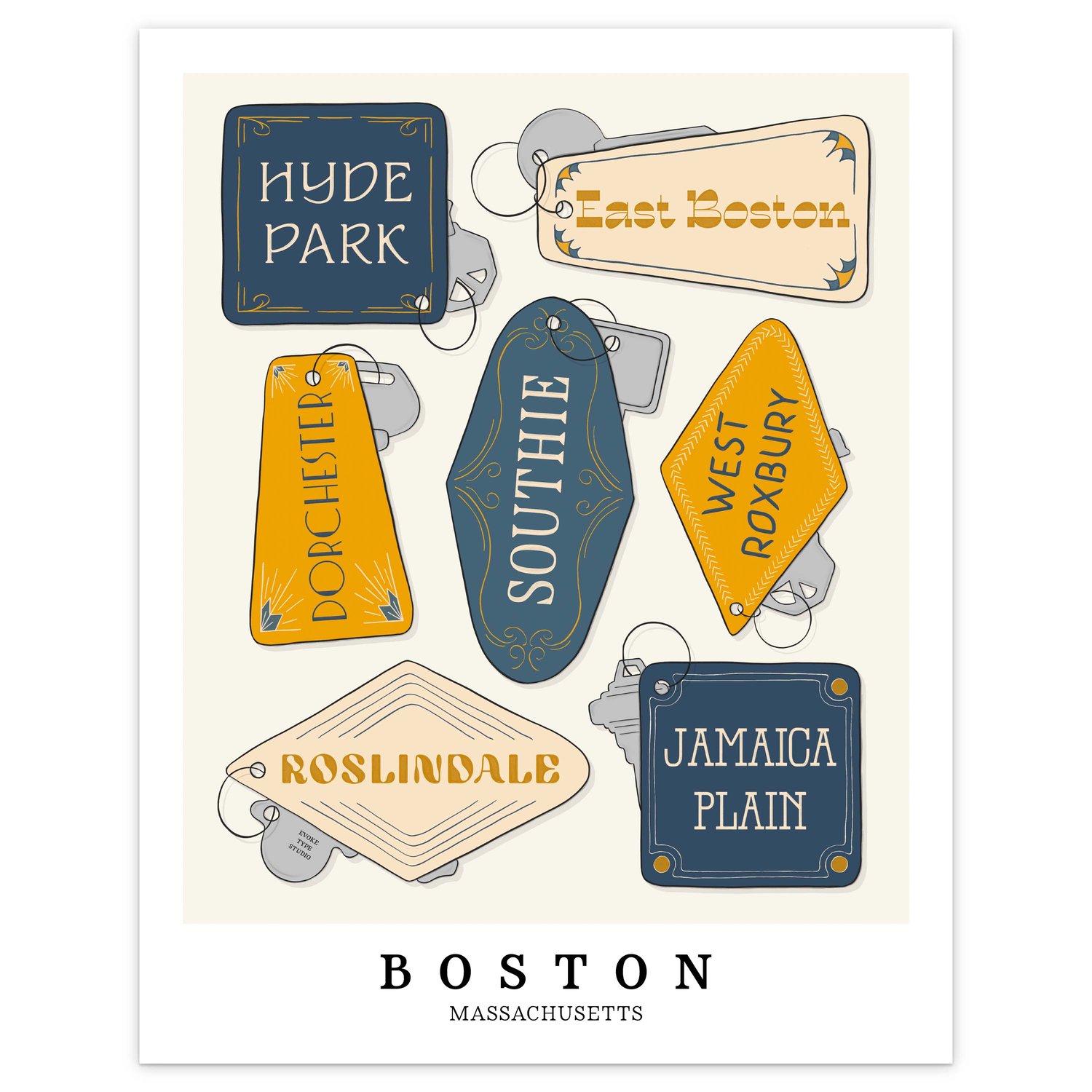 Golden Hour Boston wall art print with illustrated key fobs representing local neighborhoods.