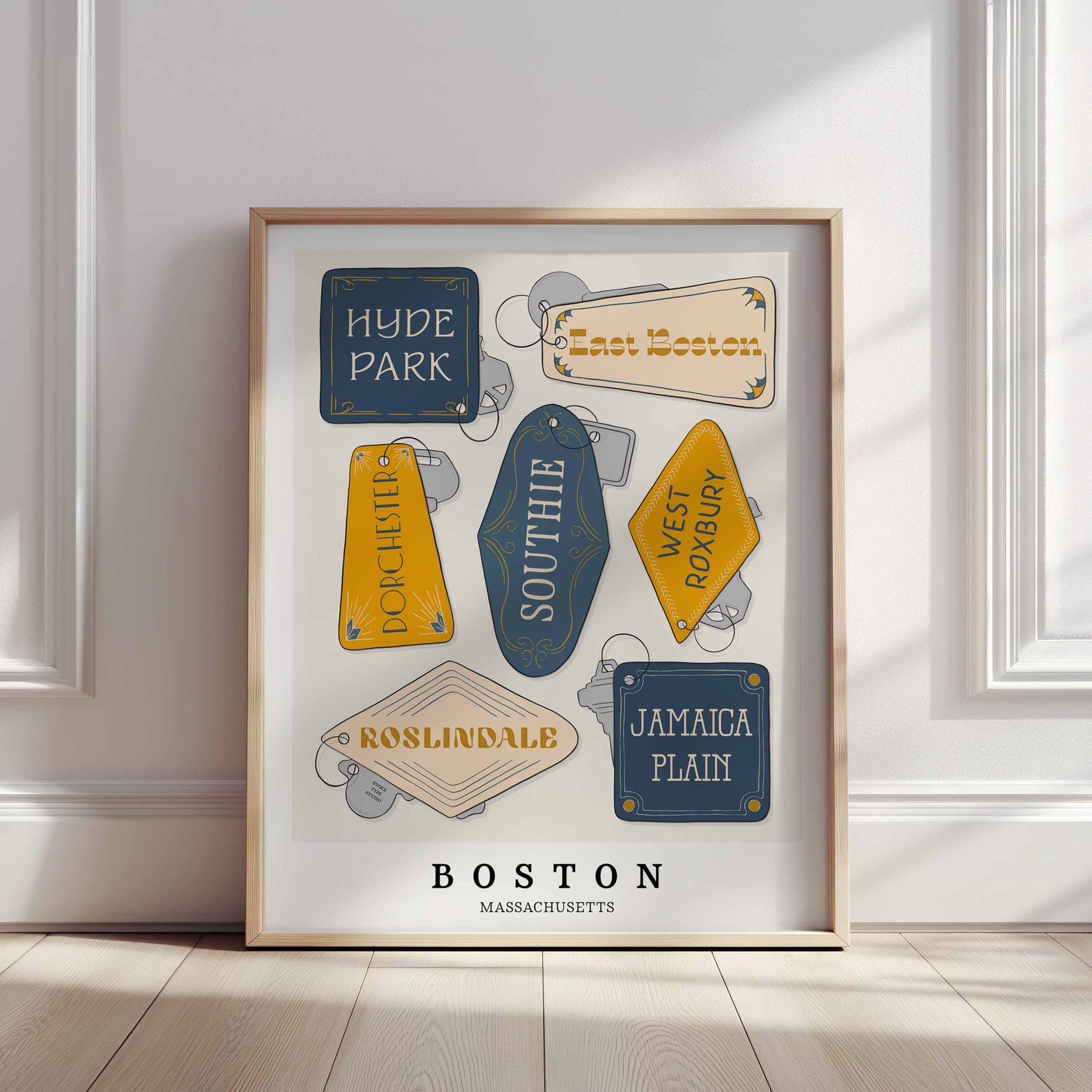 Hand-drawn Boston neighborhood key fob art print in the Golden Hour blue and gold color palette.