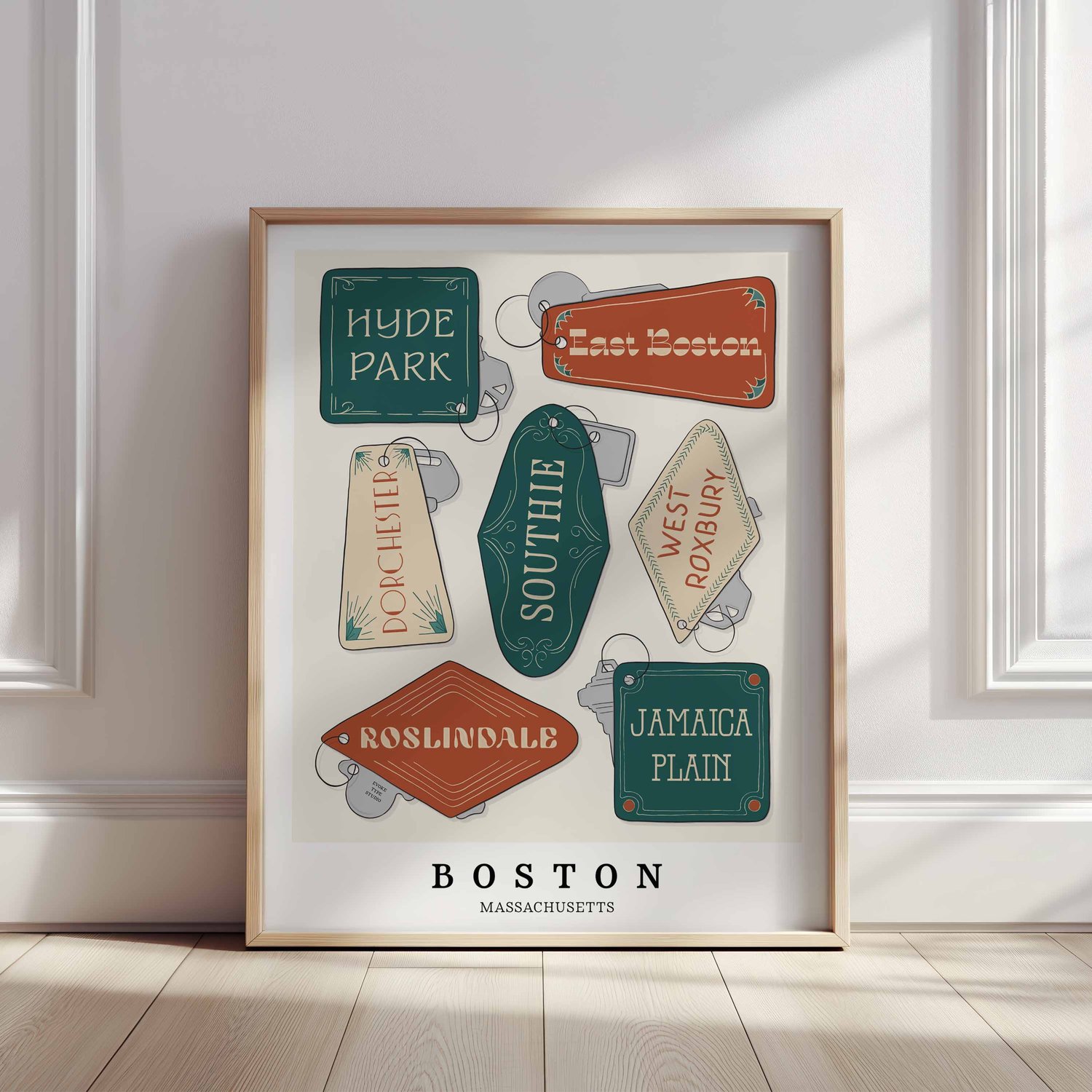 Boston wall art with illustrated key fobs featuring several Boston neighborhoods in warm, nostalgic Vintage Vibes colors.