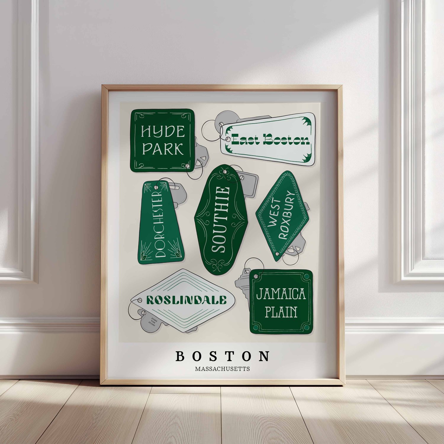 Boston art print with hand-lettered neighborhood key fobs in rich green tones.