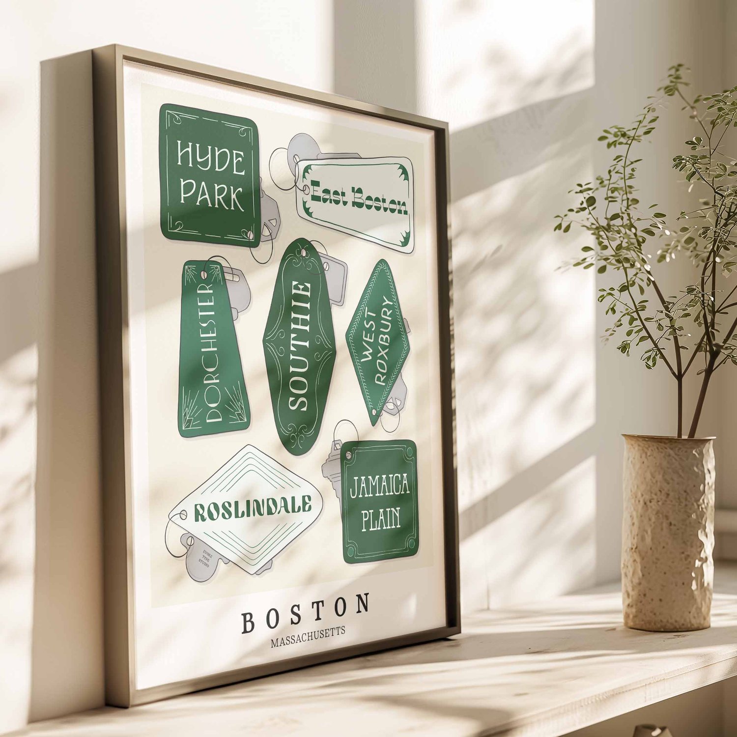 Boston art print with hand-lettered neighborhood key fobs in rich green tones.