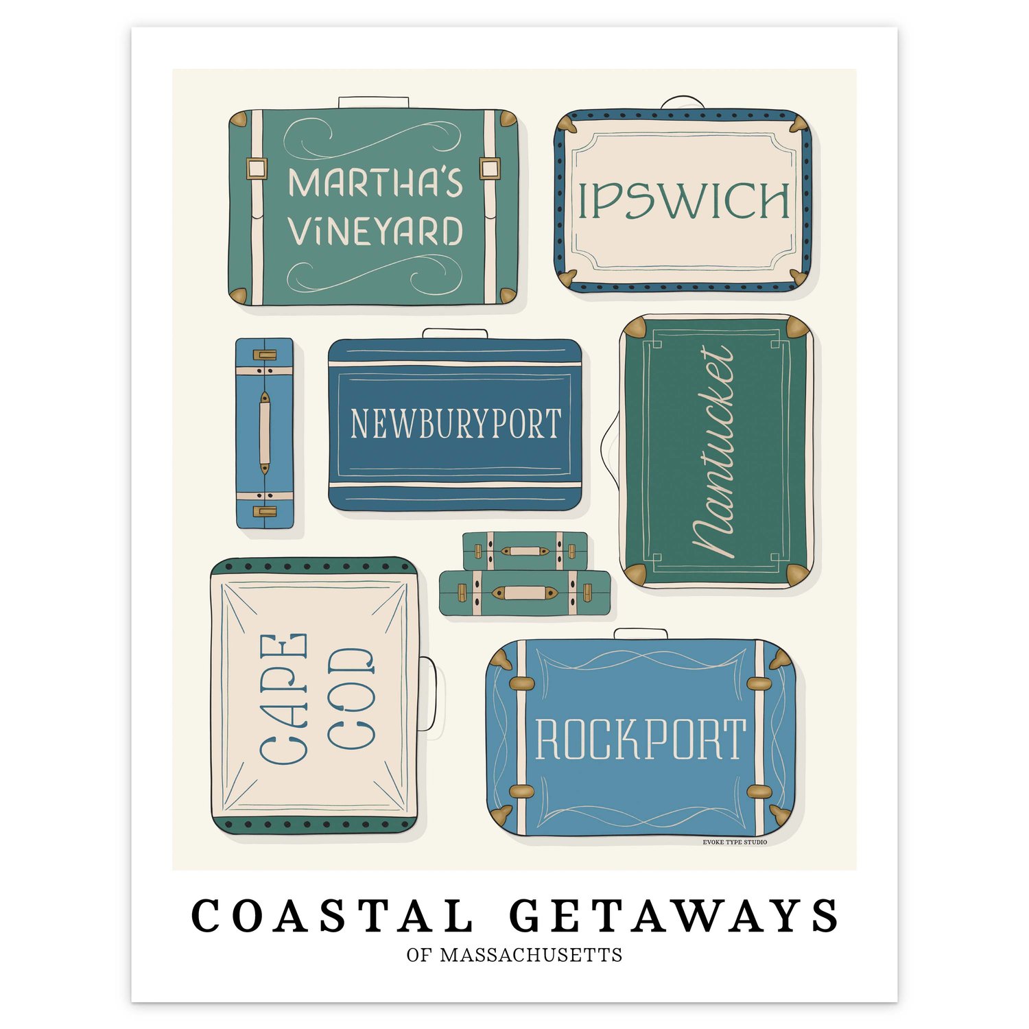 Coastal Massachusetts travel wall art showing hand-drawn suitcase illustrations in a relaxed beachside palette.