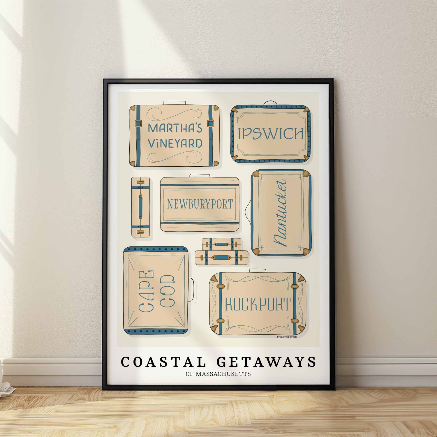 Coastal Massachusetts travel wall art with hand-drawn suitcase illustrations in soft neutral and blue hues.