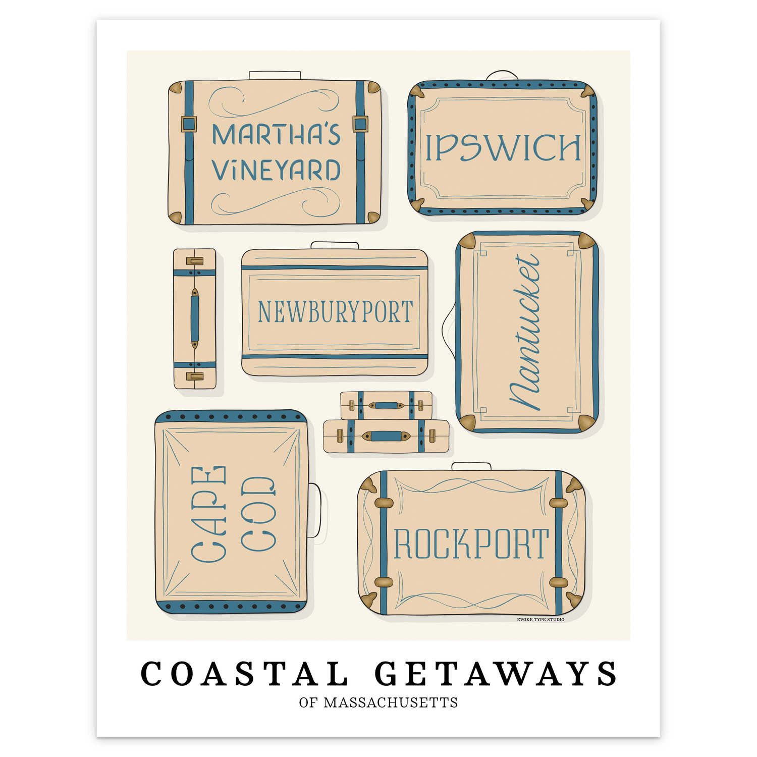 Coastal Massachusetts travel wall art with hand-drawn suitcase illustrations in soft neutral and blue hues.