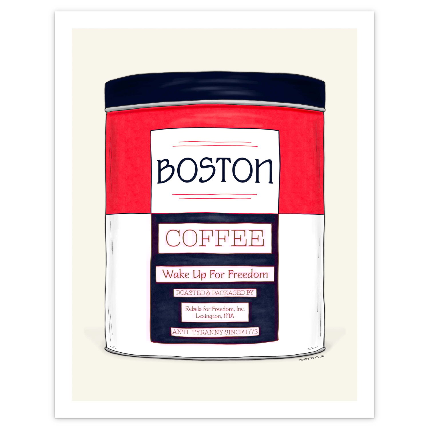 Hand-drawn Boston wall art featuring a vintage coffee tin design in the Patriotic color scheme.