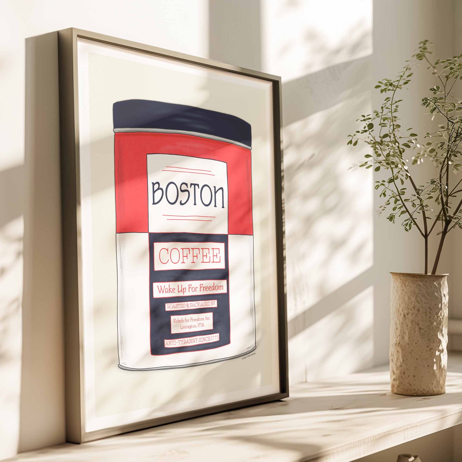 Hand-drawn Boston wall art featuring a vintage coffee tin design in the Patriotic color scheme.