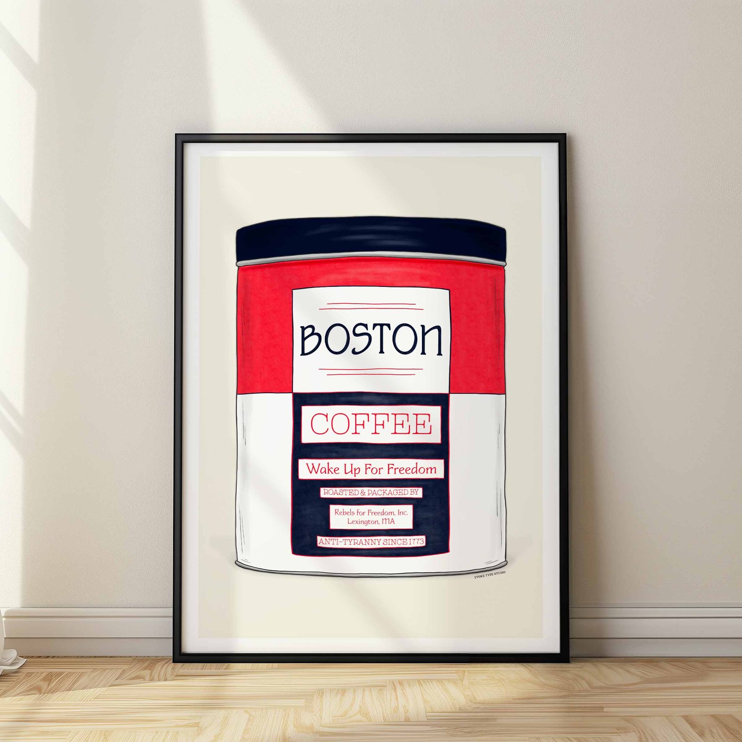 Hand-drawn Boston wall art featuring a vintage coffee tin design in the Patriotic color scheme.