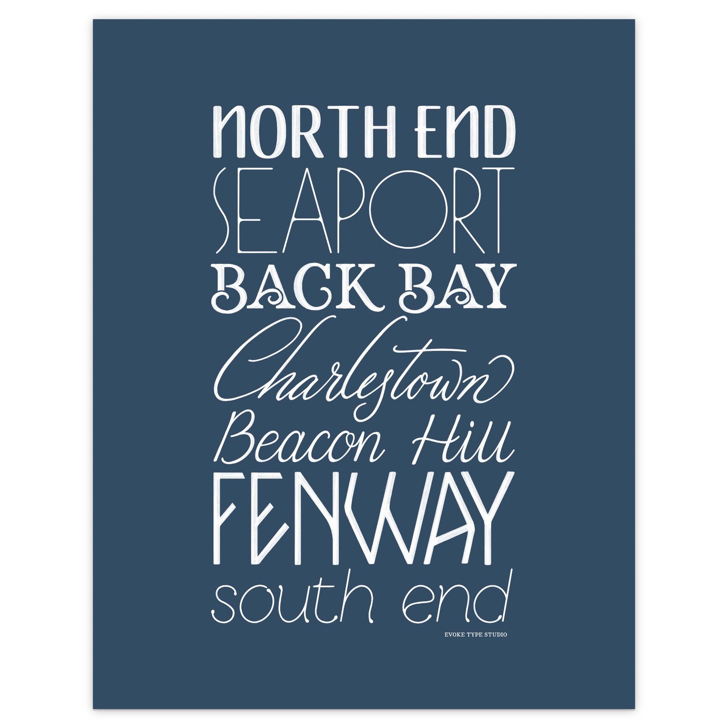 Boston Neighborhoods Type Stack print showcasing seven neighborhoods in expressive, hand-drawn typography.