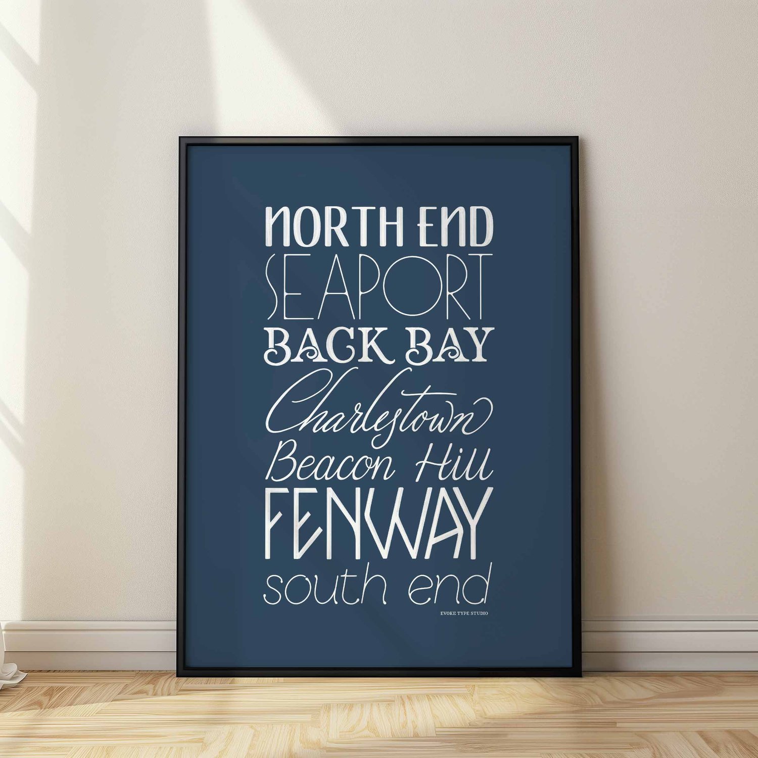 Boston Neighborhoods Type Stack print showcasing seven neighborhoods in expressive, hand-drawn typography.