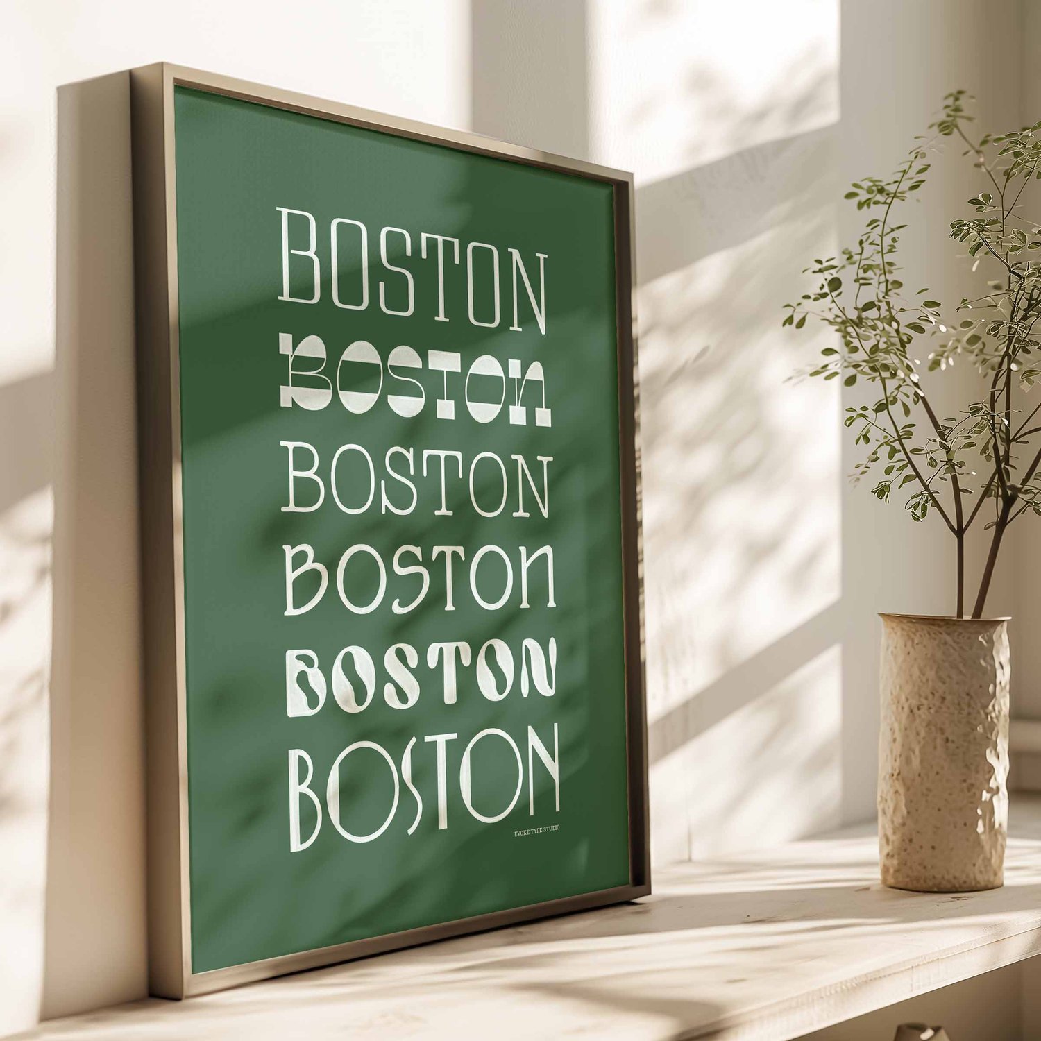Boston Type Stack print showcasing the city name in six unique hand-drawn lettering styles in a green and white color palette.