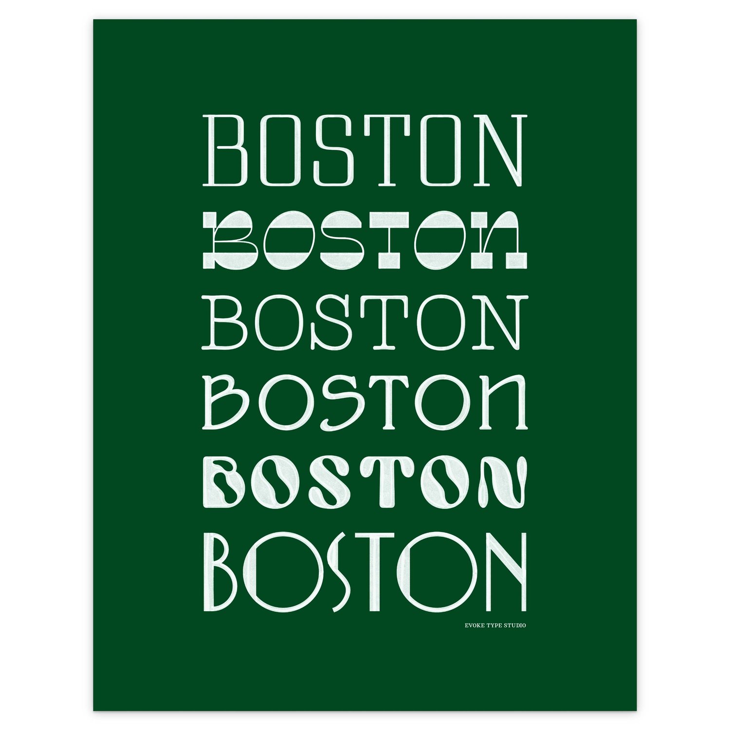 Boston city art print with expressive typography in a stacked arrangement, rendered in a color palette of green and white.