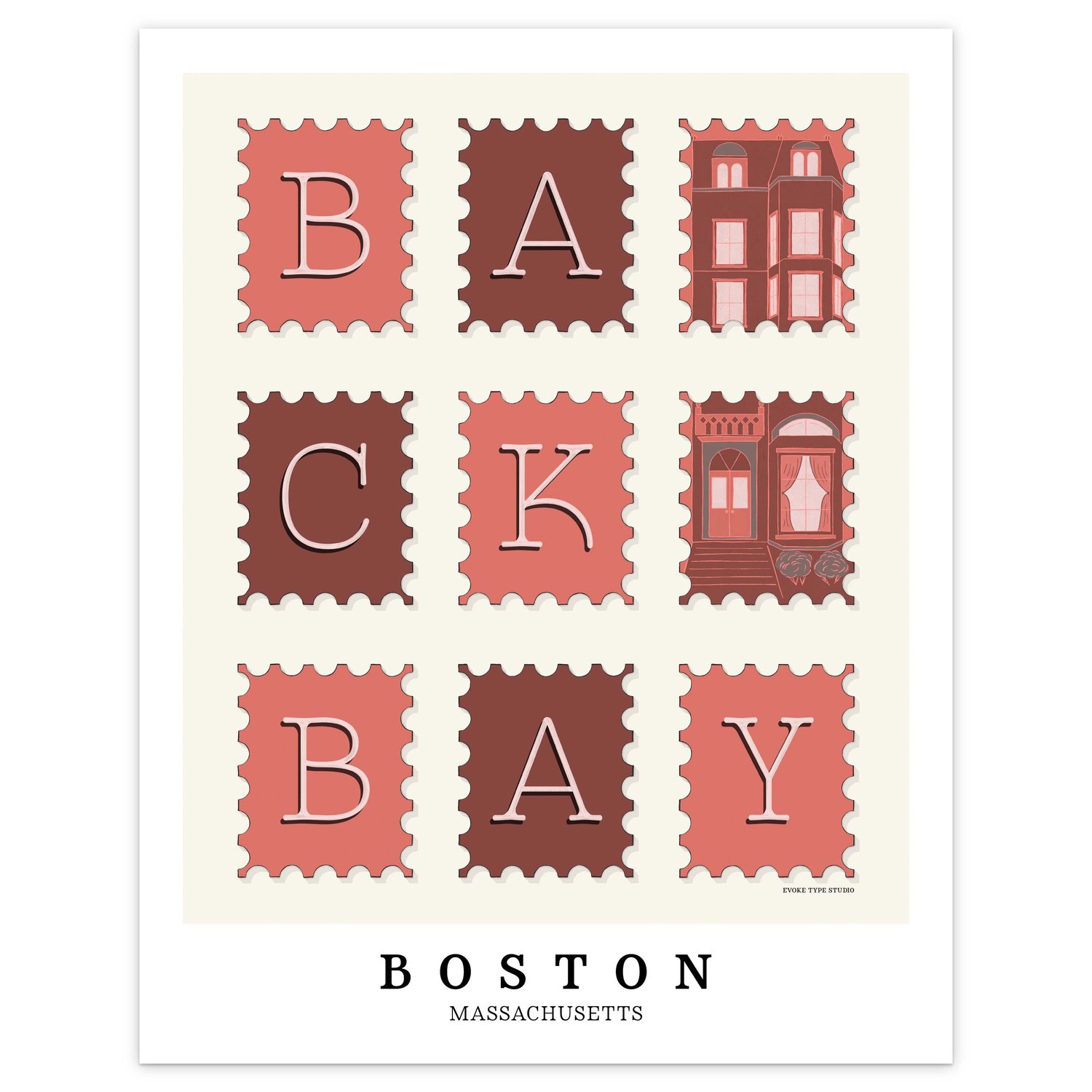 Hand-drawn Back Bay wall art featuring a postage stamp–style design with expressive lettering and a brownstone illustration.