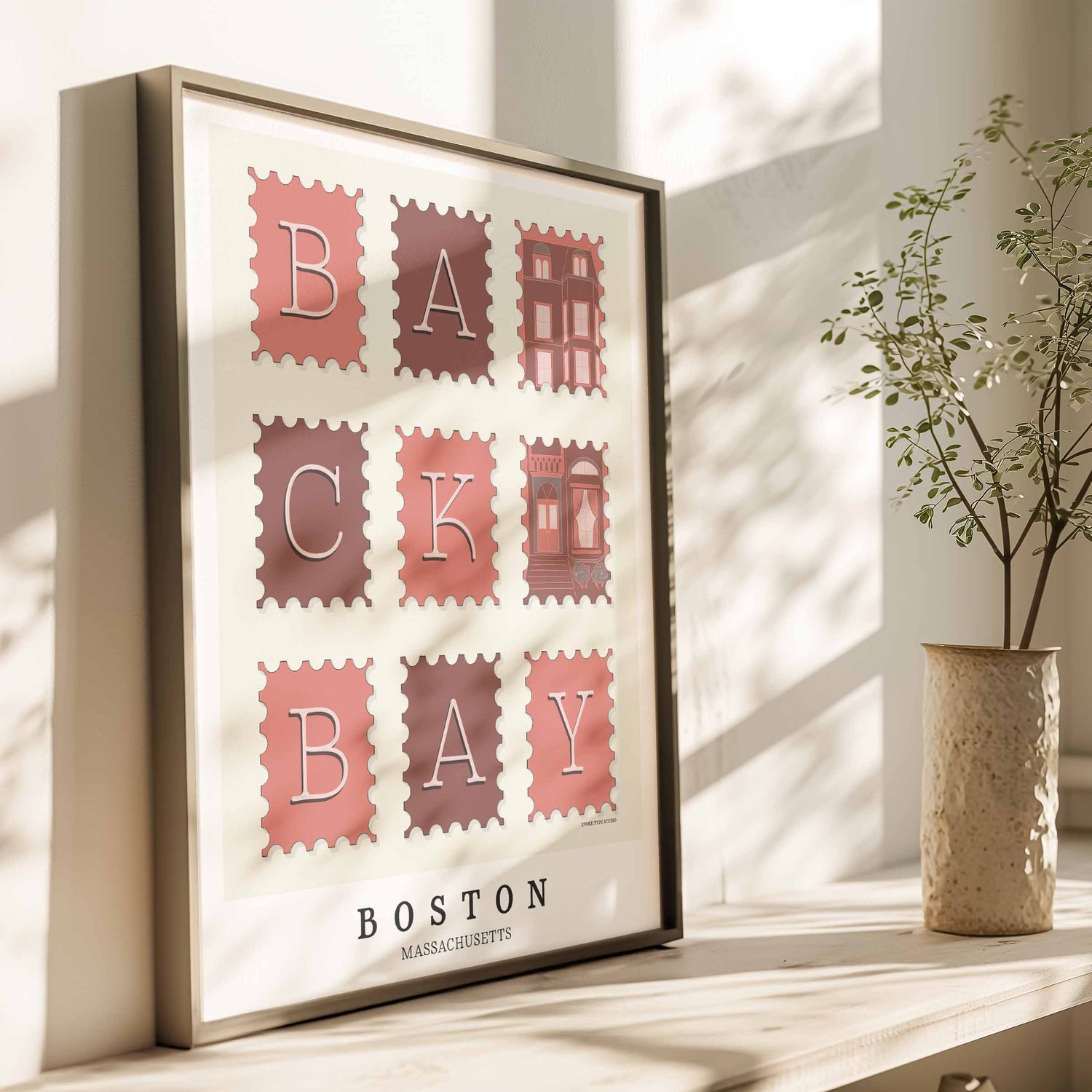 Illustrated Back Bay neighborhood wall art with stamp-style lettering in muted pink and burgundy hues.