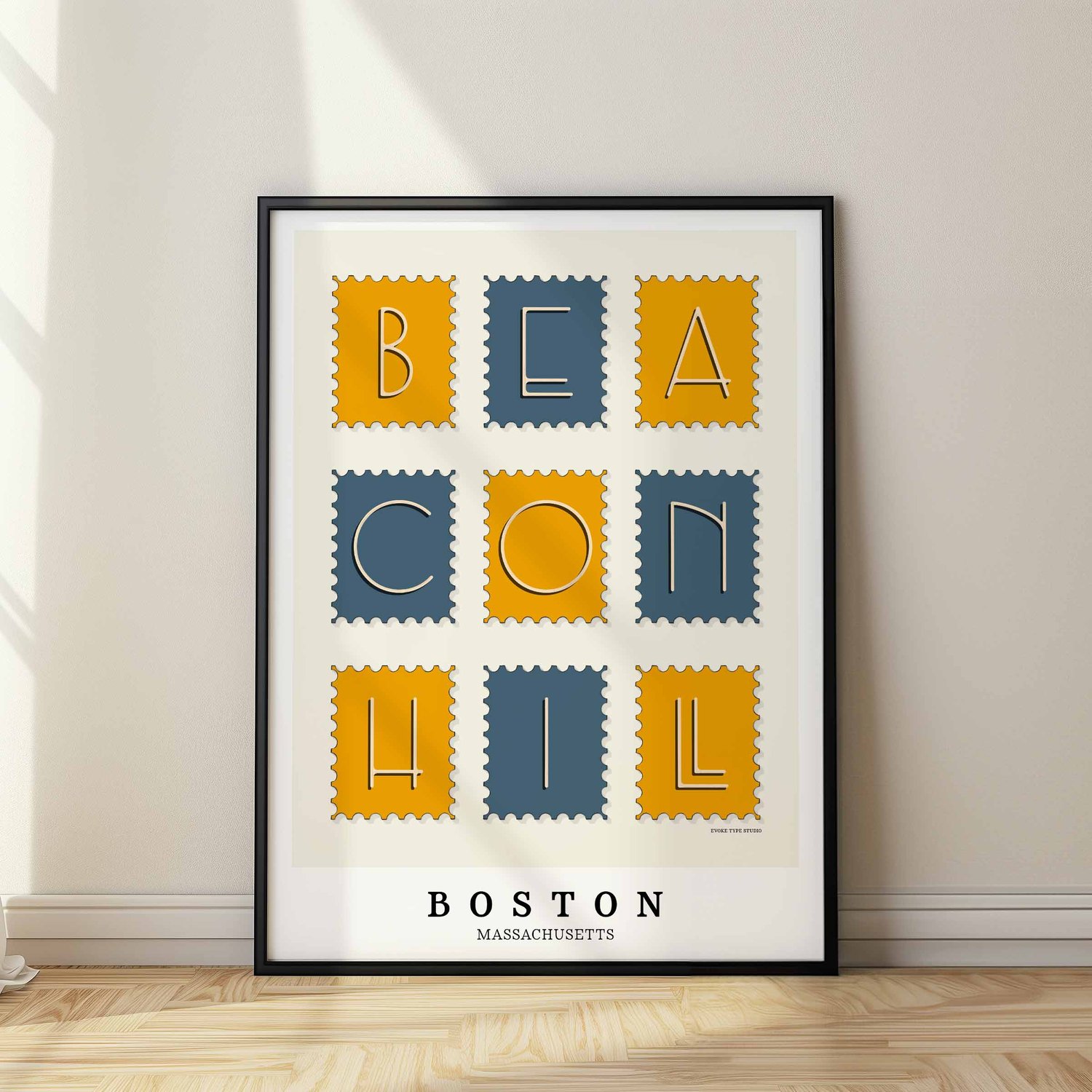Beacon Hill neighborhood art print featuring art deco typography in a postage stamp–inspired layout.