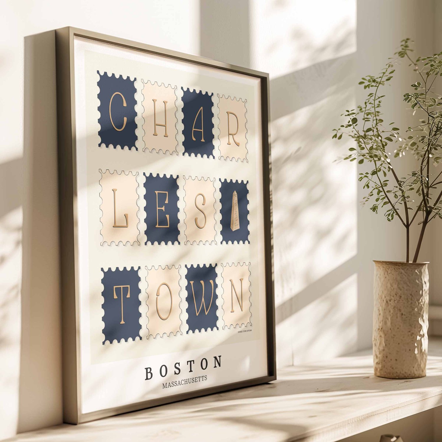 Charlestown Postage Stamp Collection print showcasing hand-drawn lettering and the iconic Bunker Hill Monument.
