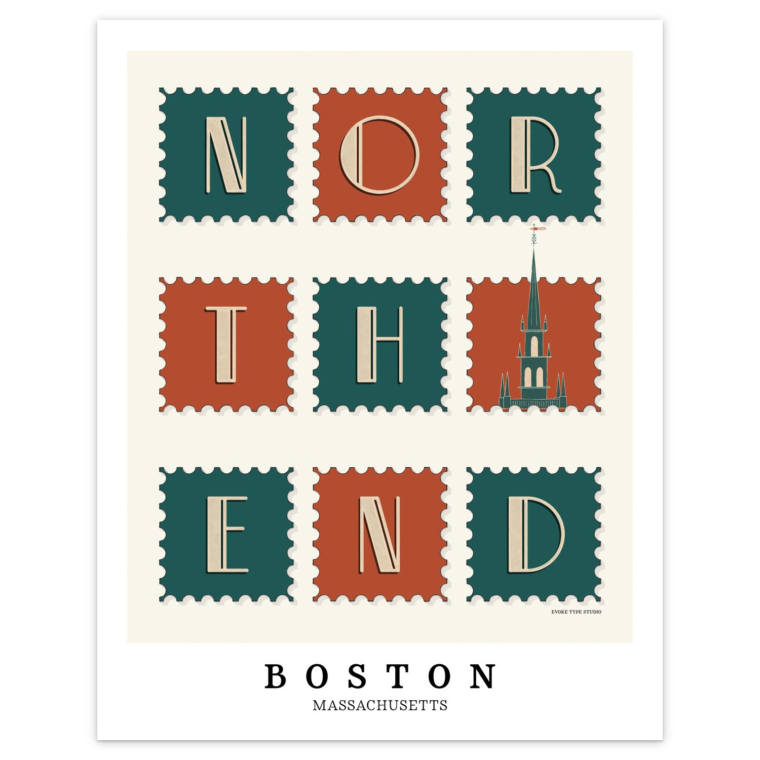 Hand-drawn North End wall art featuring a postage stamp-style design with art deco lettering and an Old North Church illustration.