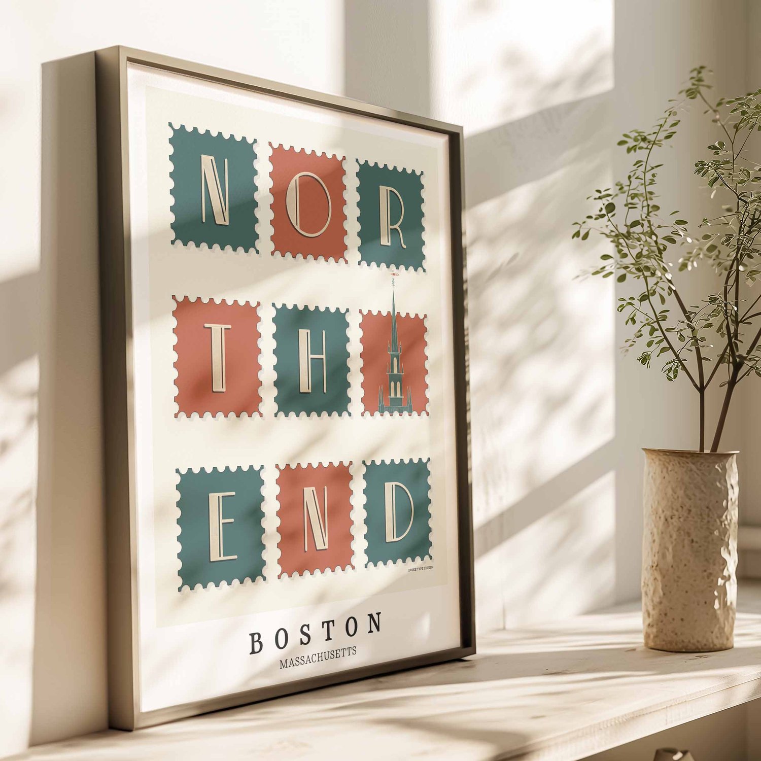 Boston neighborhood art print showcasing the North End with illustrated Old North Church steeple and expressive art deco lettering.