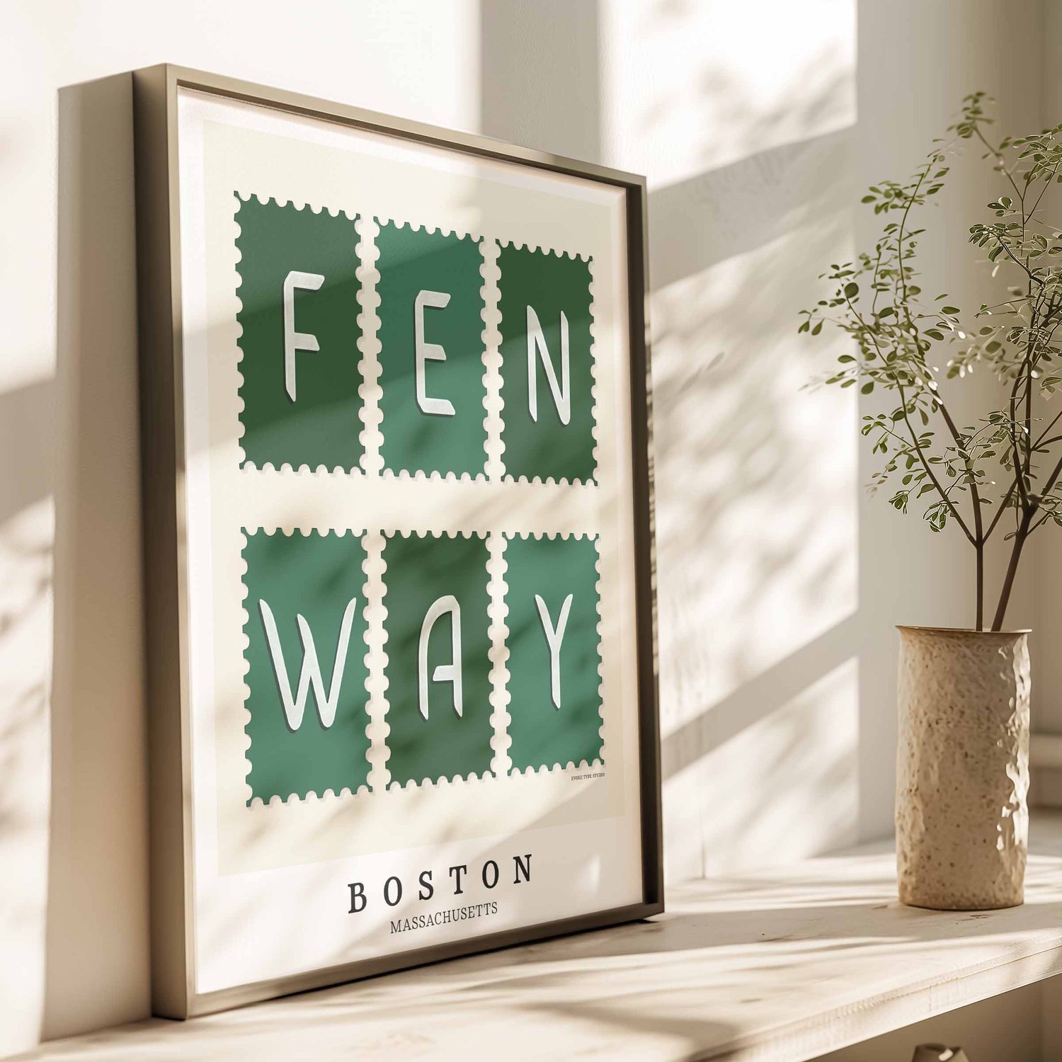 Fenway Postage Stamp Collection print featuring expressive lettering in a green and white color scheme.