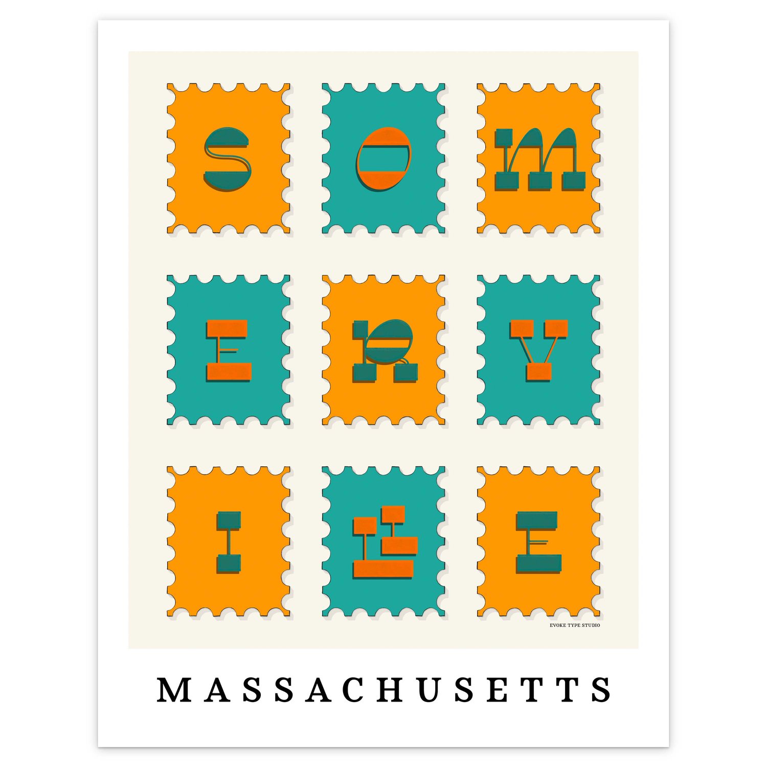 Hand-drawn Somerville wall art featuring a postage stamp–style design with funky inverted contrast lettering in bold blues and oranges.