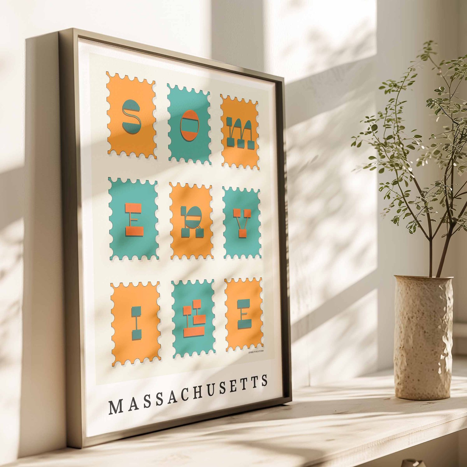 Somerville Postage Stamp Collection print showcasing bold lettering and colorful, playful city-inspired design.