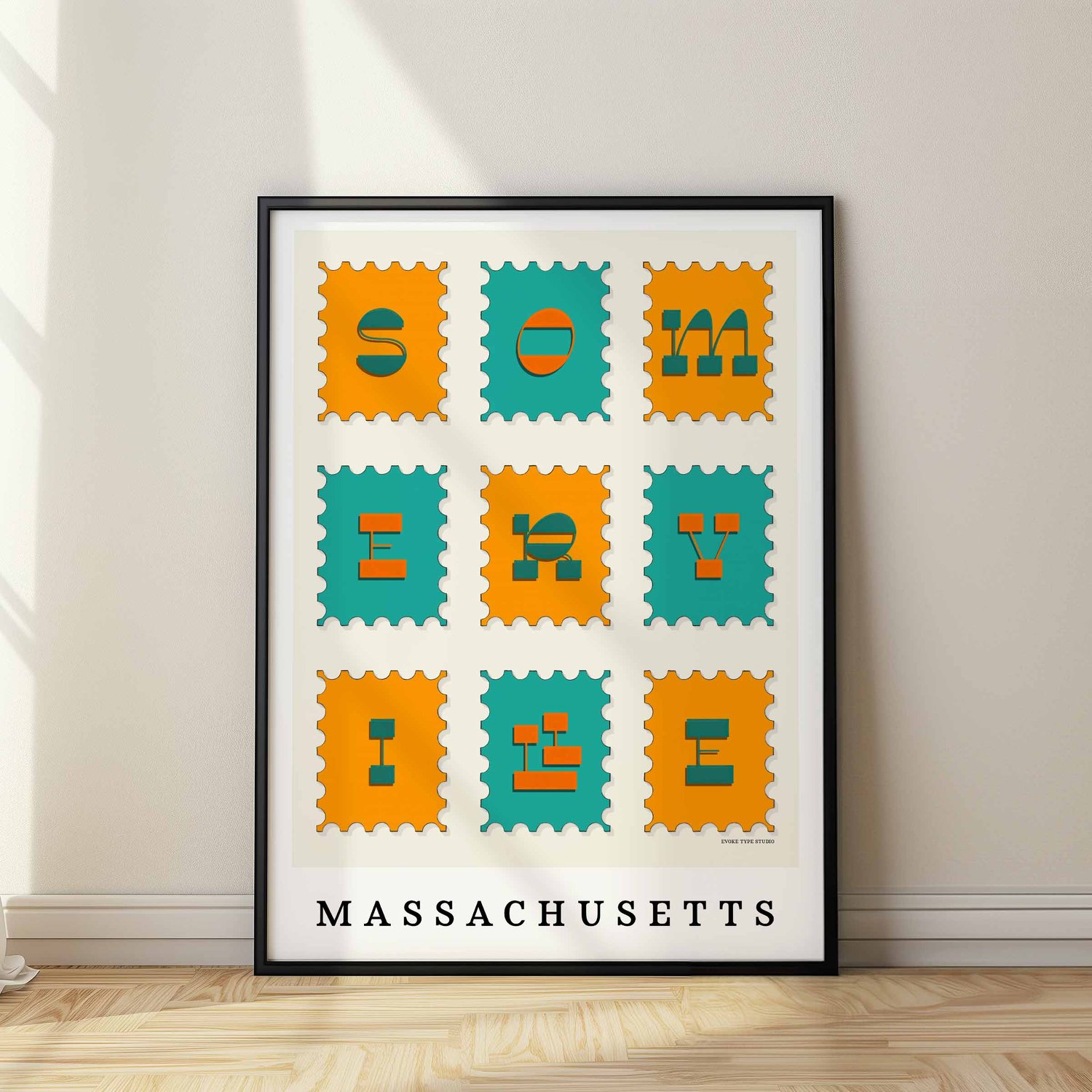 Hand-drawn Somerville wall art featuring a postage stamp–style design with funky inverted contrast lettering in bold blues and oranges.