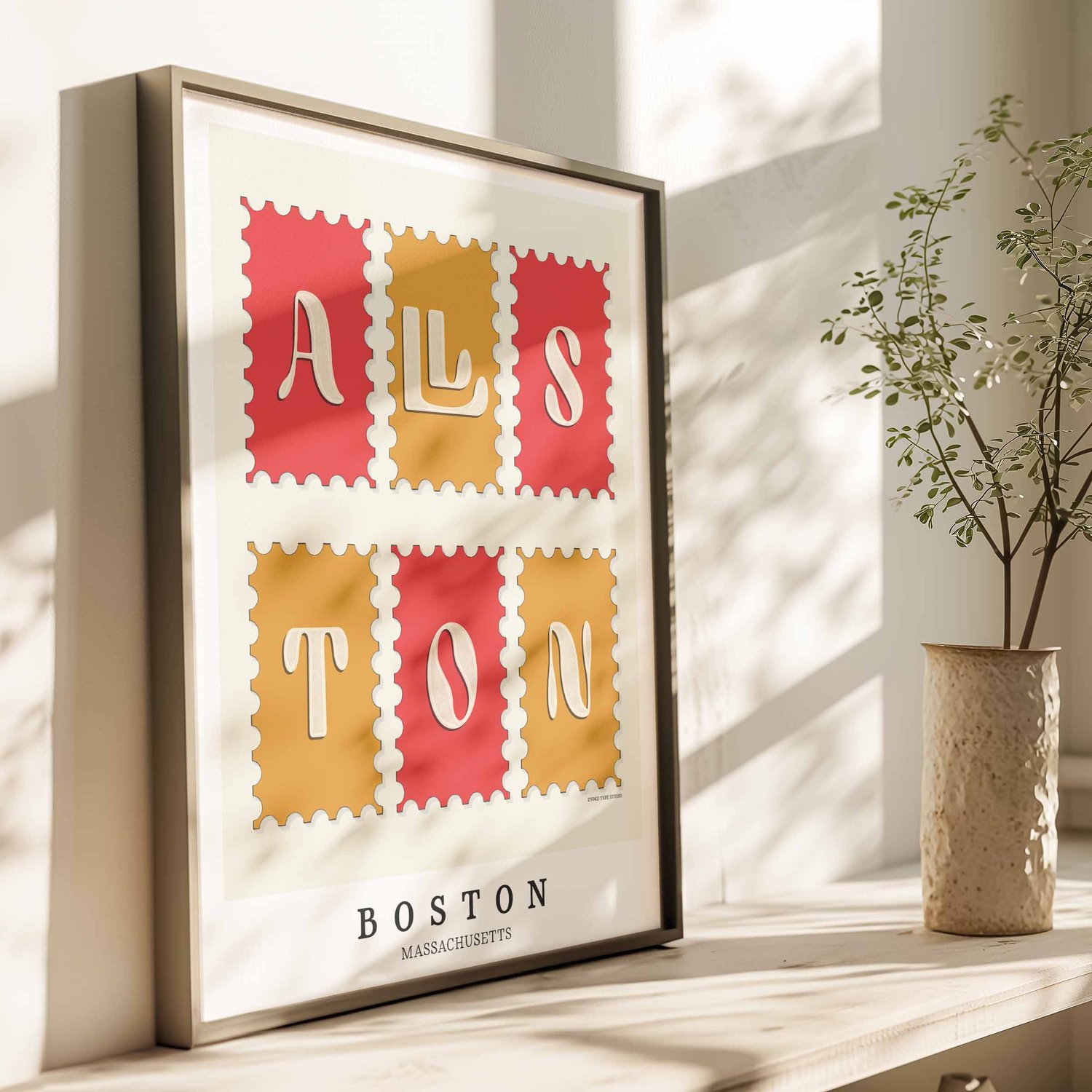 Allston Postage Stamp Collection print showcasing bold lettering and vibrant red and gold tones.