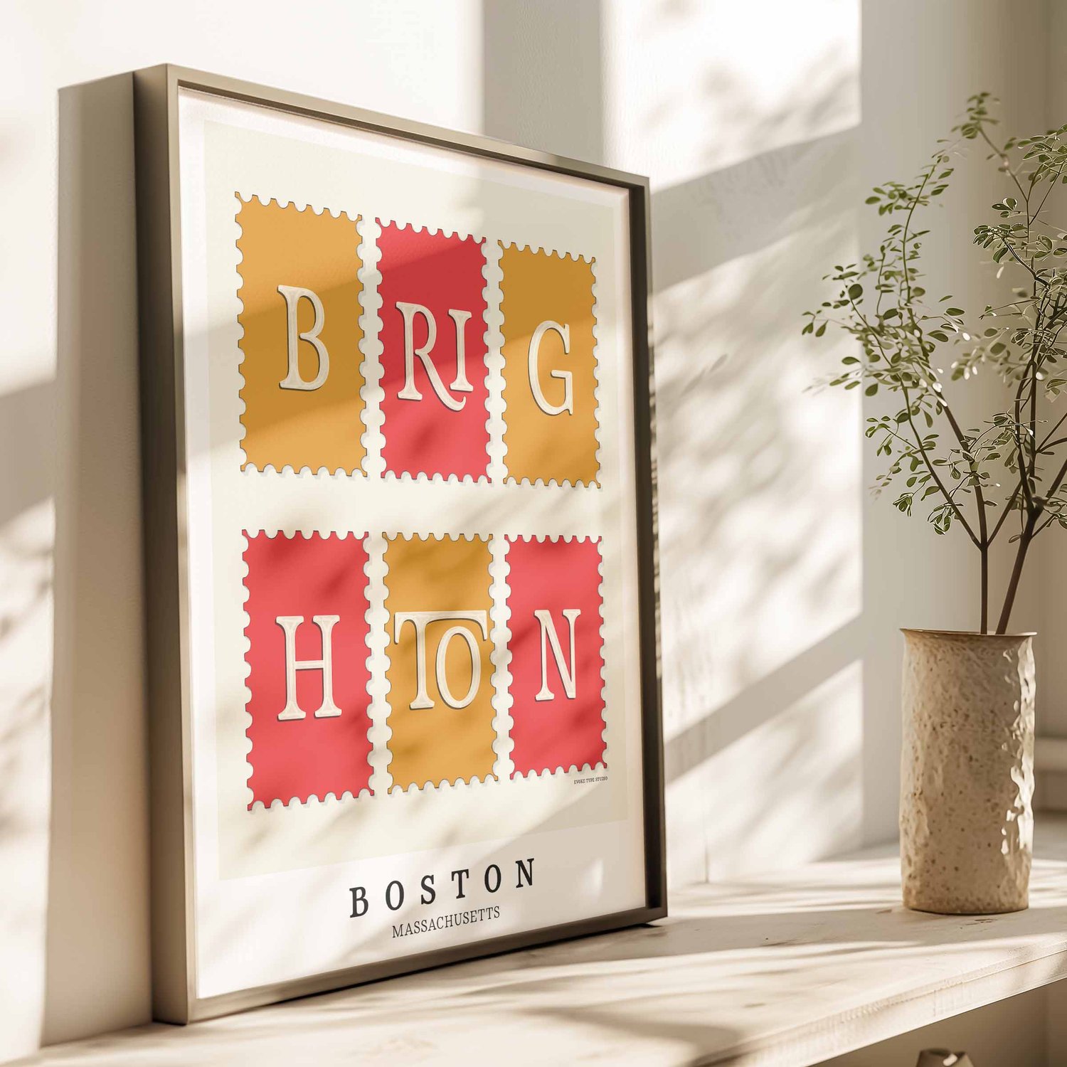 Brighton Postage Stamp Collection print showcasing distinctive lettering and vibrant red and gold tones.