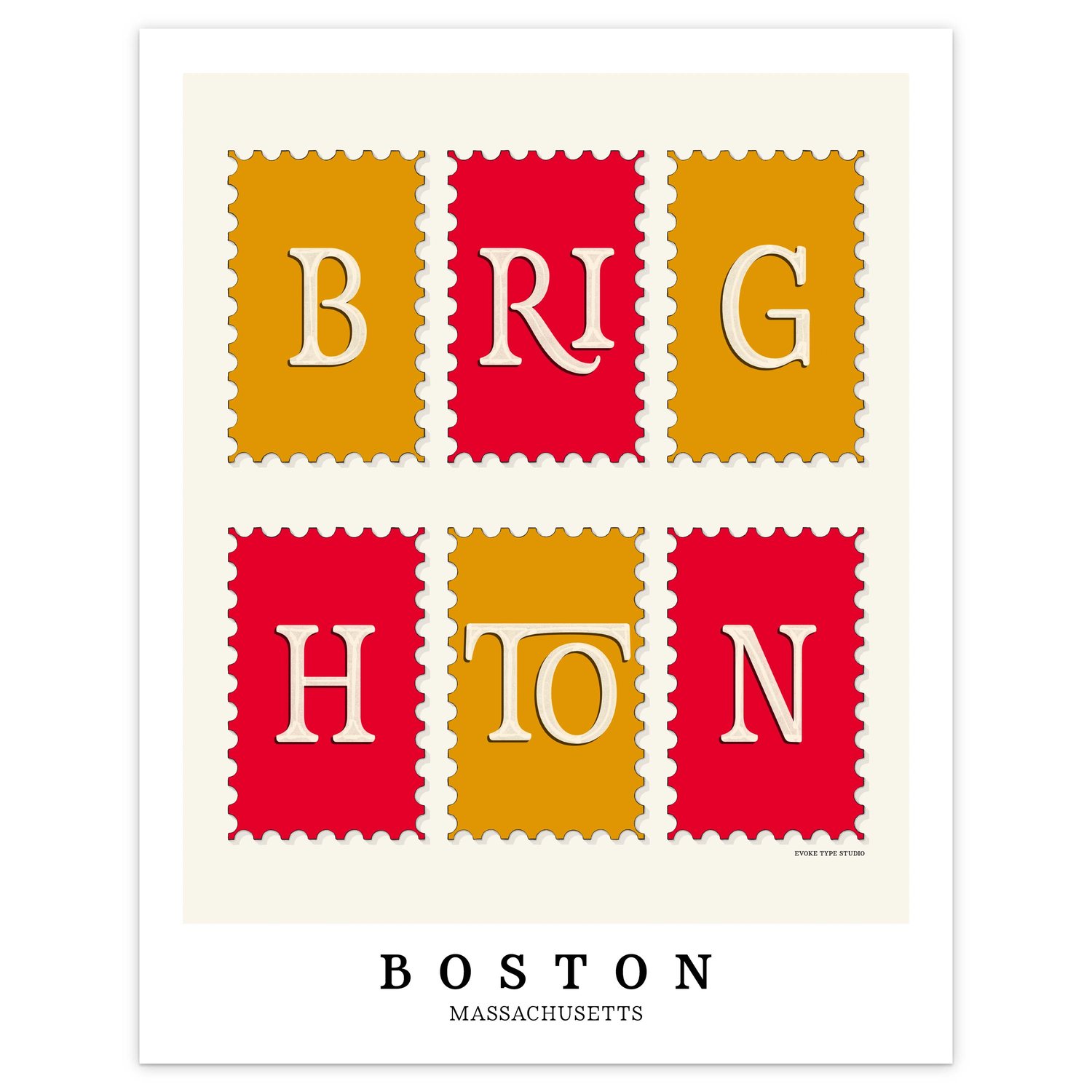Brighton neighborhood art print with bold, type-forward lettering arranged in a postage stamp layout.